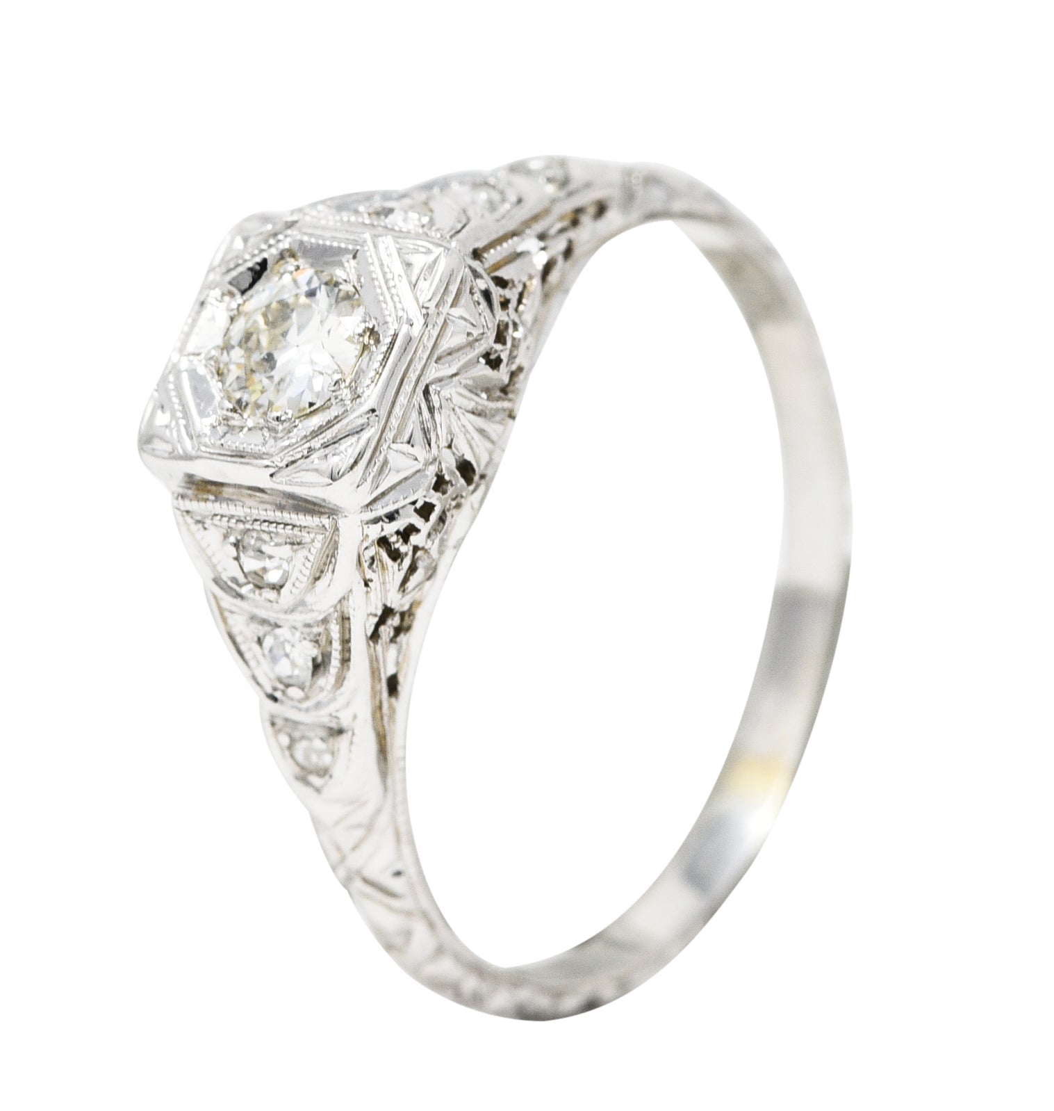 Art Deco 0.26 CTW Old European Cut Diamond 18 Karat White Gold Stepped Orange Blossom Engagement Ring Wilson's Estate Jewelry