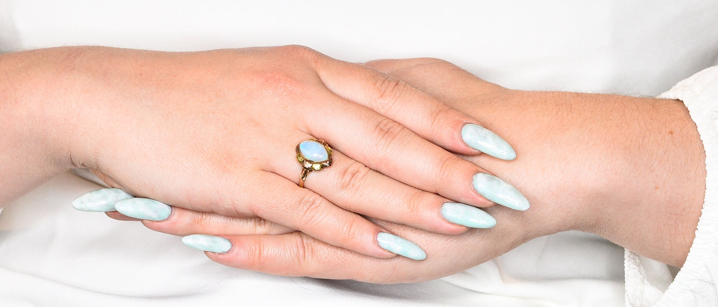 Esemco Vintage Victorian Revival Opal Tri-Colored 10  Karat Gold Navette RingRing - Wilson's Estate Jewelry