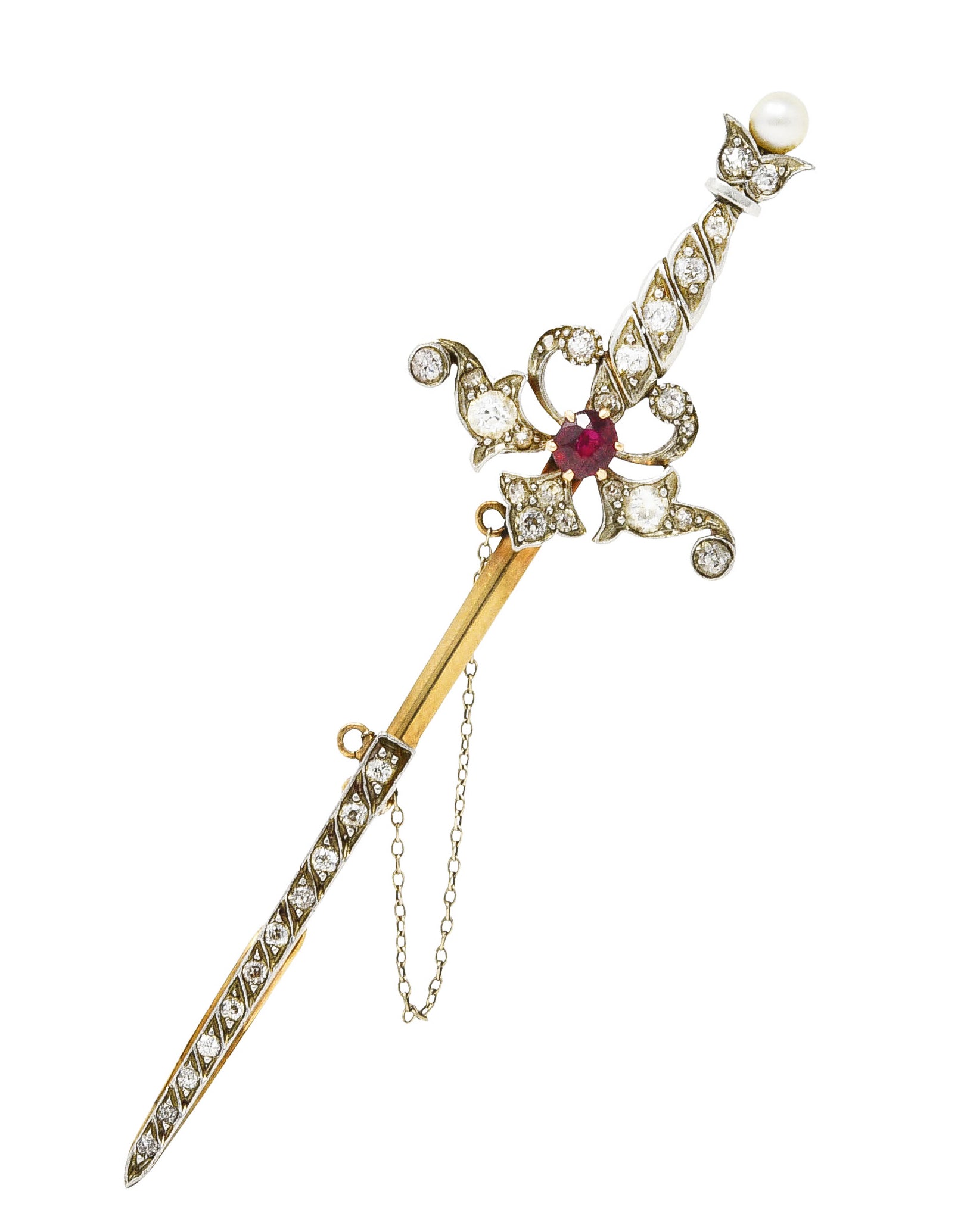 Edwardian Ruby Diamond Platinum-Topped 18 Karat Yellow Gold Sword Pendant Jabot Brooch Wilson's Estate Jewelry