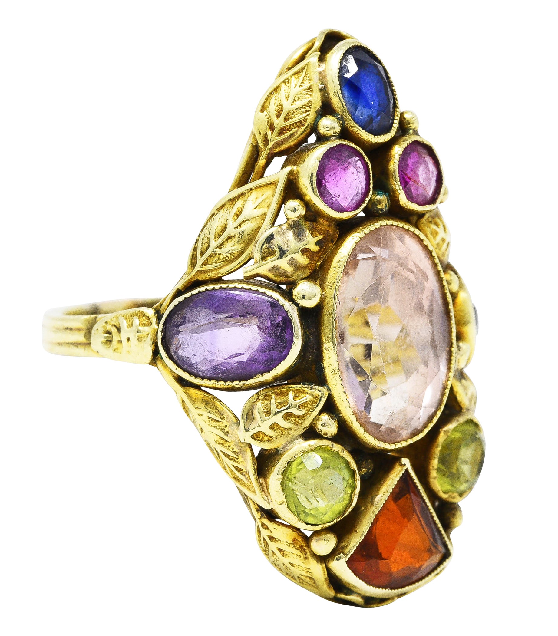 Arts & Crafts Antique Topaz Sapphire Peridot Ruby Multi-Gem 14 Karat Gold Floral Ring Wilson's Estate Jewelry