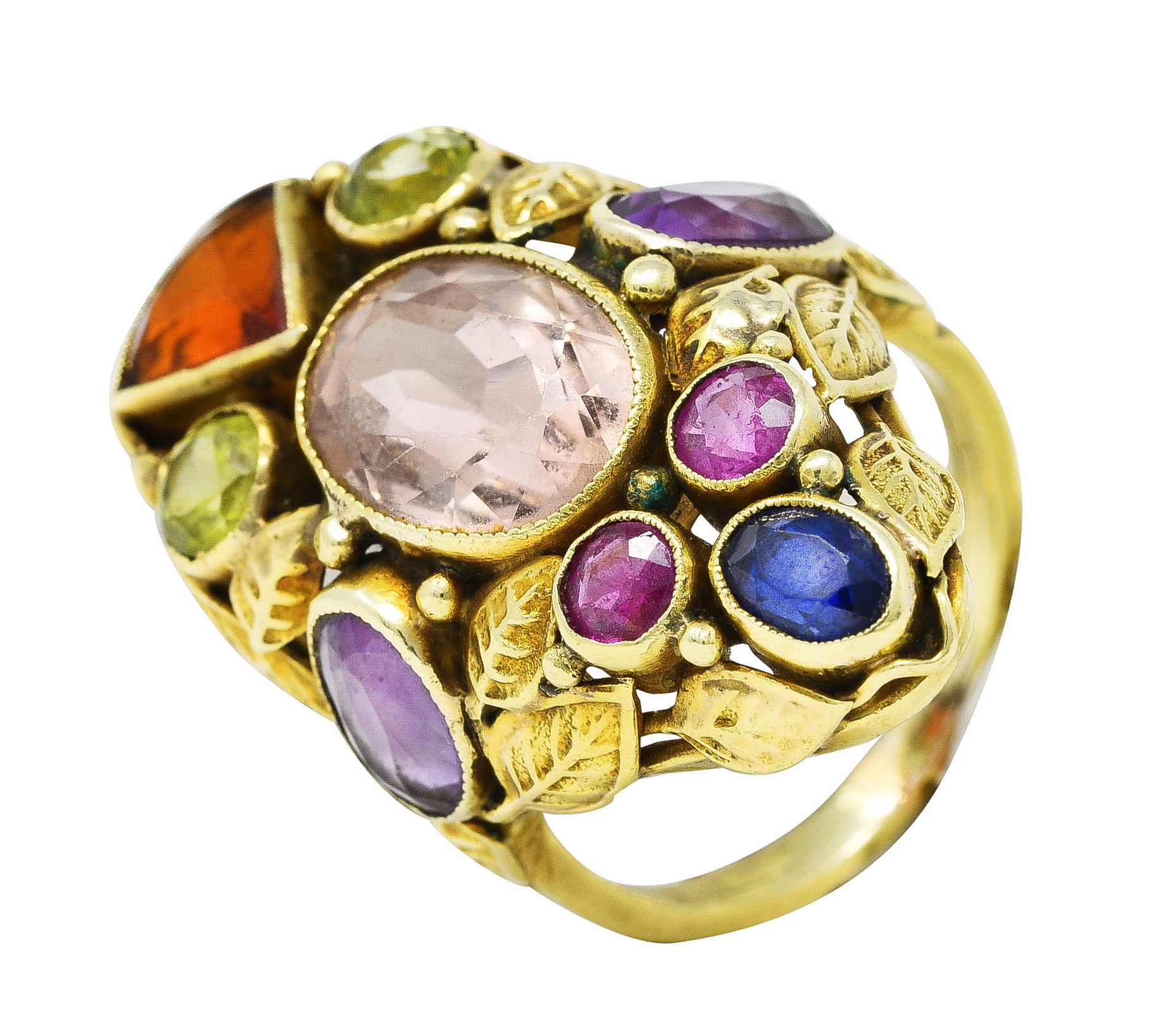 Arts & Crafts Antique Topaz Sapphire Peridot Ruby Multi-Gem 14 Karat Gold Floral Ring Wilson's Estate Jewelry