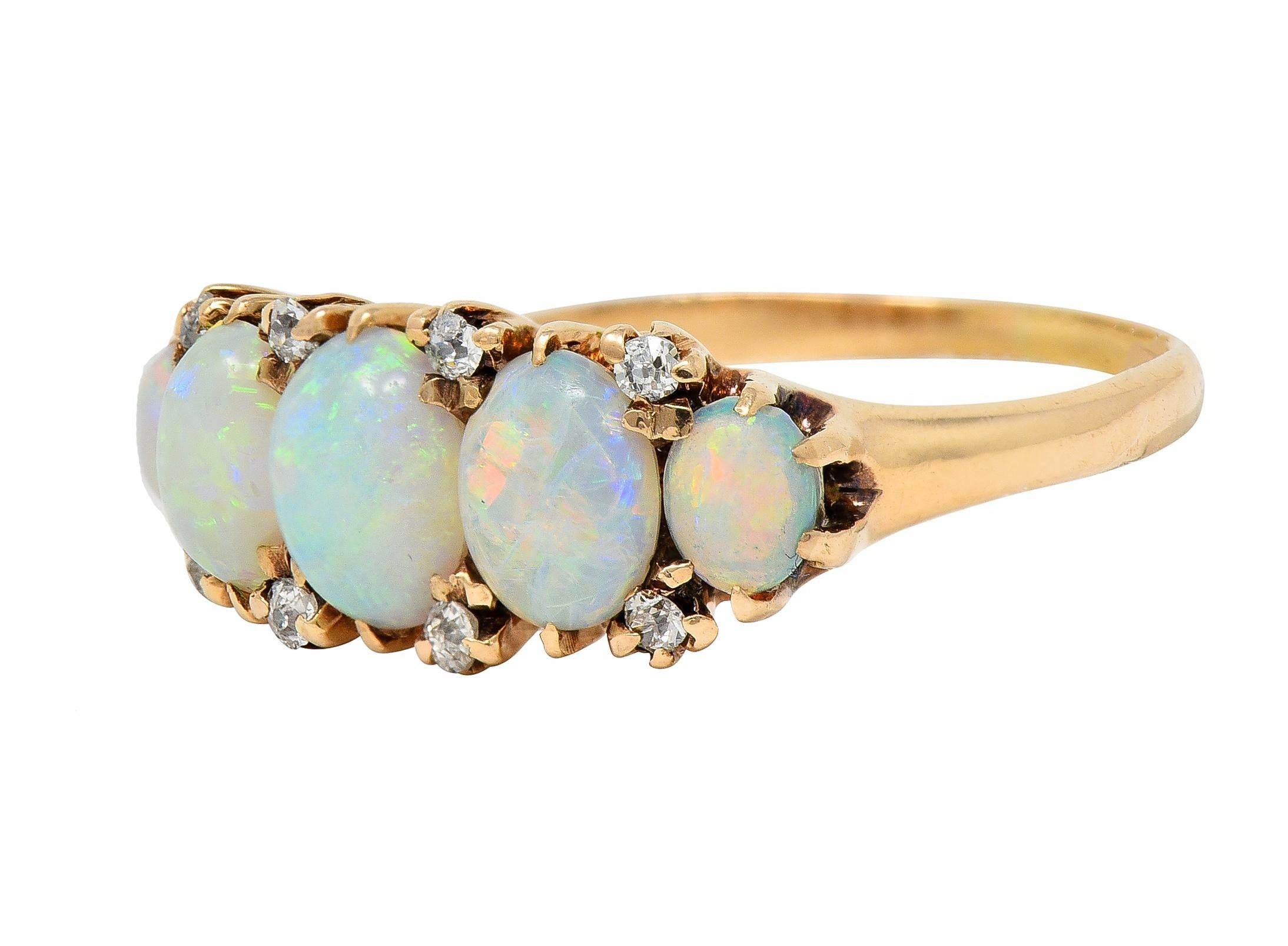 Victorian Opal Diamond 14 Karat Yellow Gold Antique Five Stone Band Ring