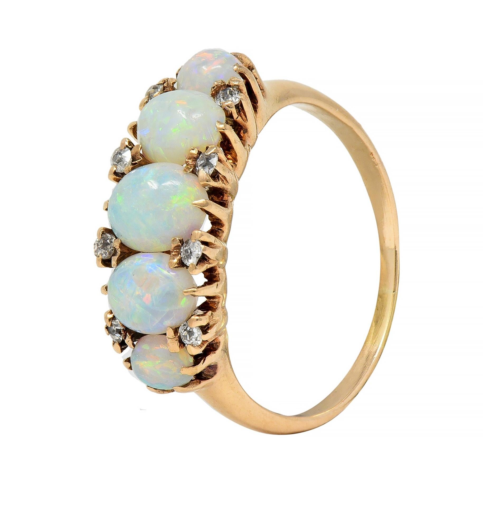 Victorian Opal Diamond 14 Karat Yellow Gold Antique Five Stone Band Ring