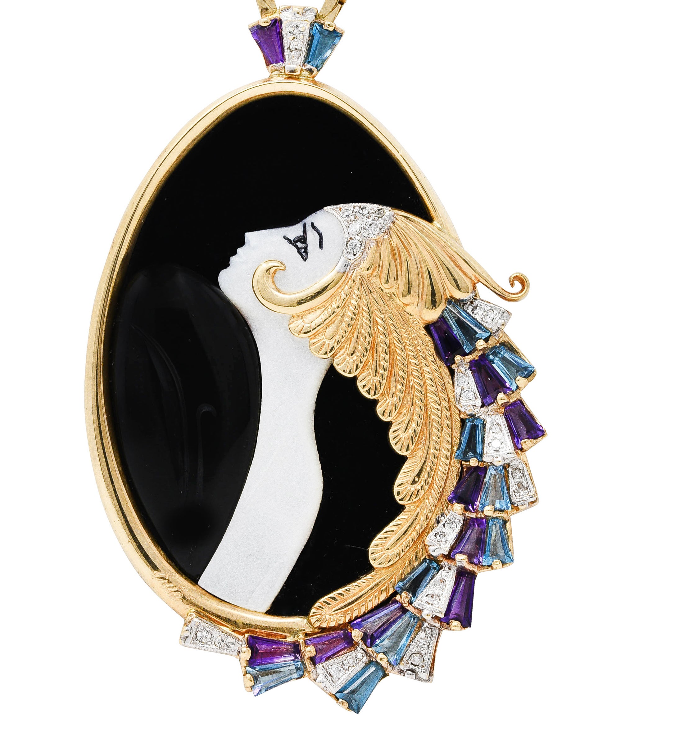 Erté Beauty of The Beast Diamond Amethyst Topaz Onyx Mother-Of-Pearl Platinum 14 Karat Yellow Gold Beauty and the Beast Vintage Pendant Necklace Wilson's Estate Jewelry