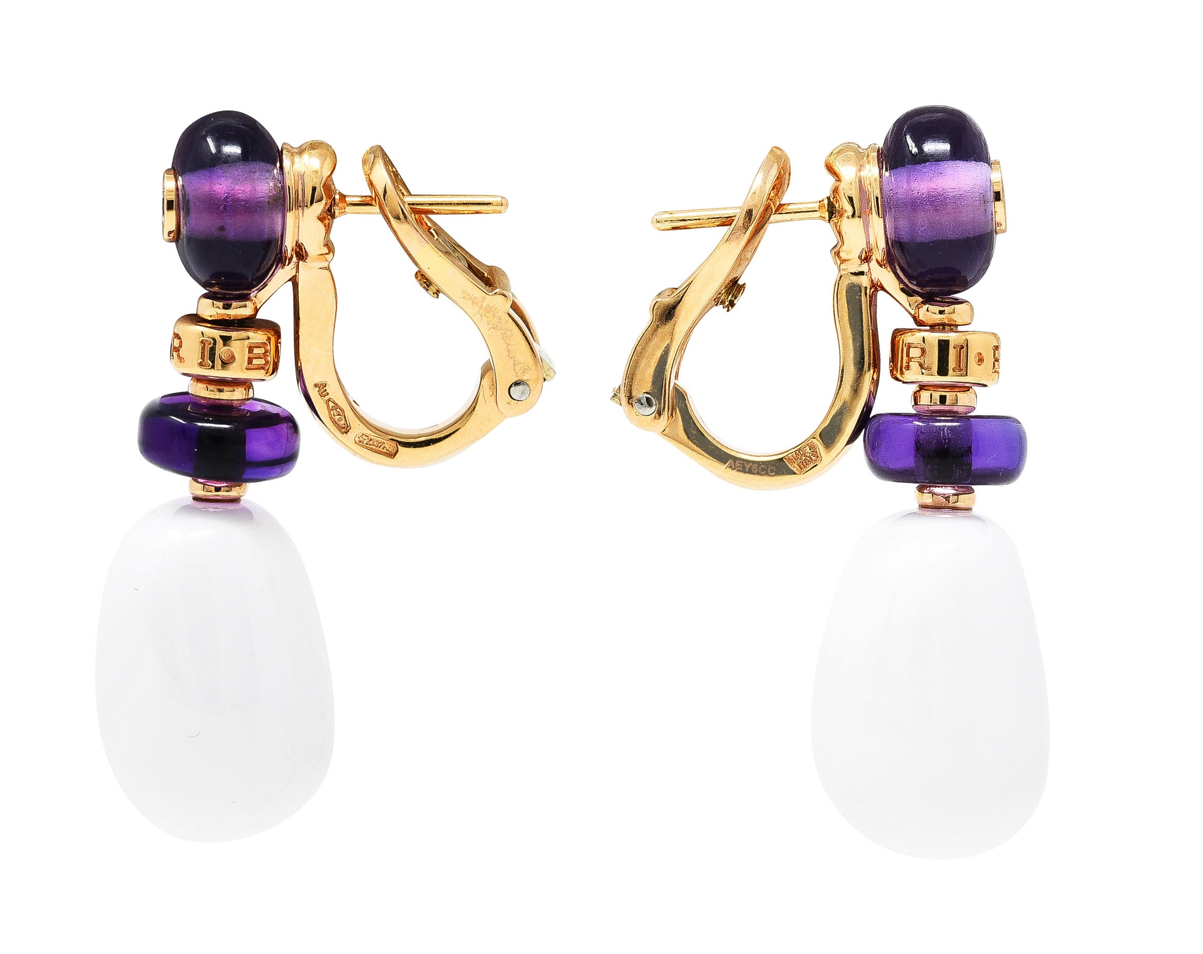 Bulgari Diamond Amethyst Ceramic 18 Karat Rose Gold Mediterranean Eden Sassi Vintage Drop Earrings Wilson's Estate Jewelry