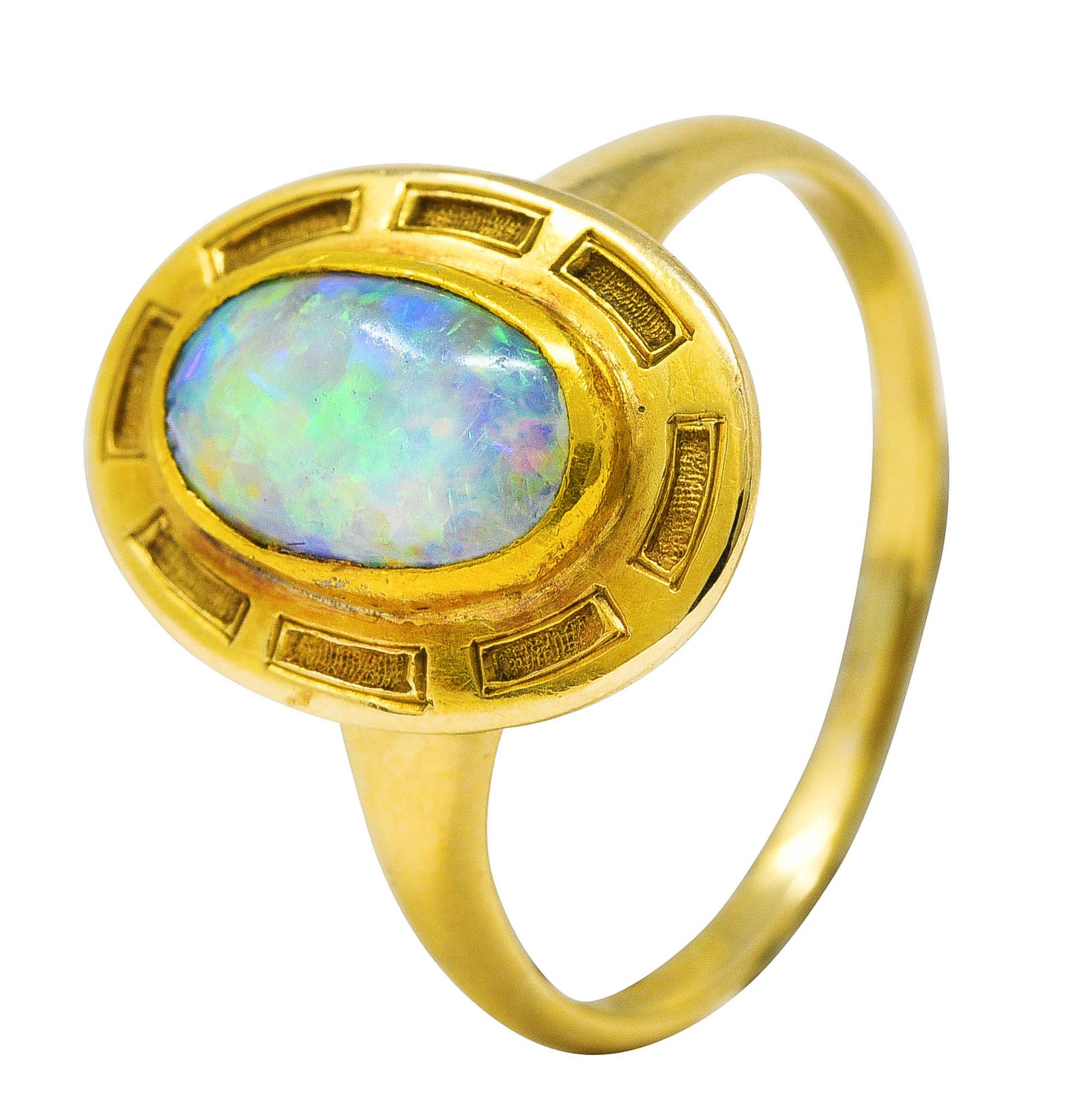 .11111 *# CONFIRM a MEASUREMENT Art Nouveau Opal 14 Karat Yellow Gold Geometric Gemstone Ring Wilson's Estate Jewelry