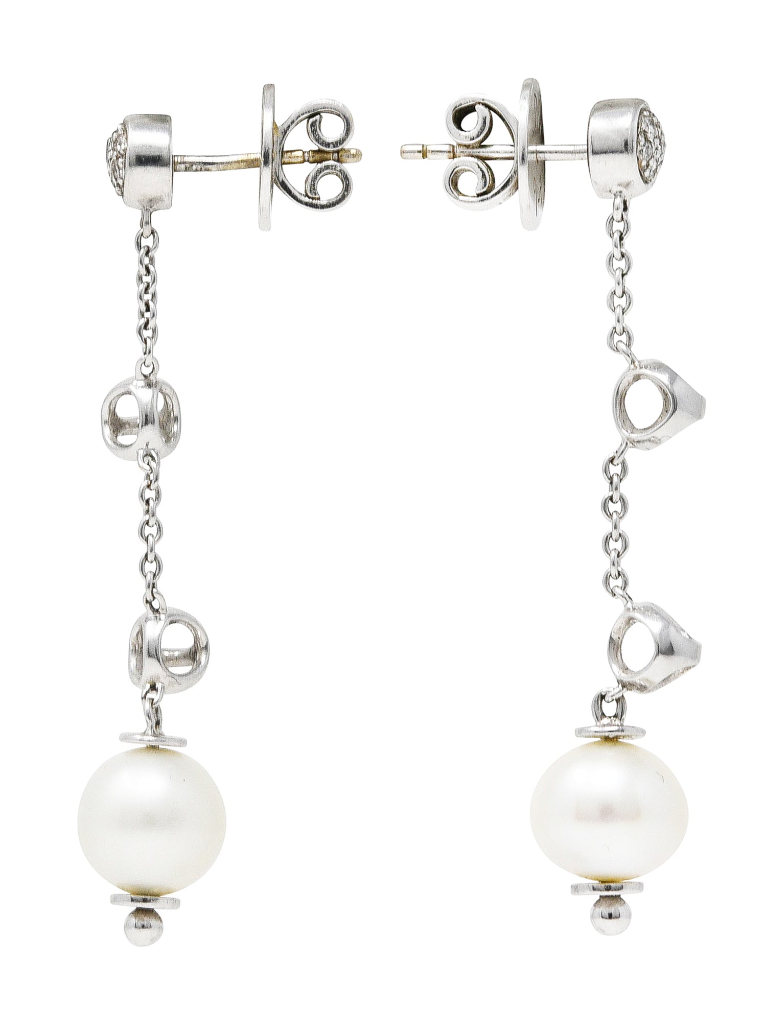 Di Modolo Vintage Diamond Pearl 18 Karat White Gold Triadra Drop Earrings Wilson's Estate Jewelry