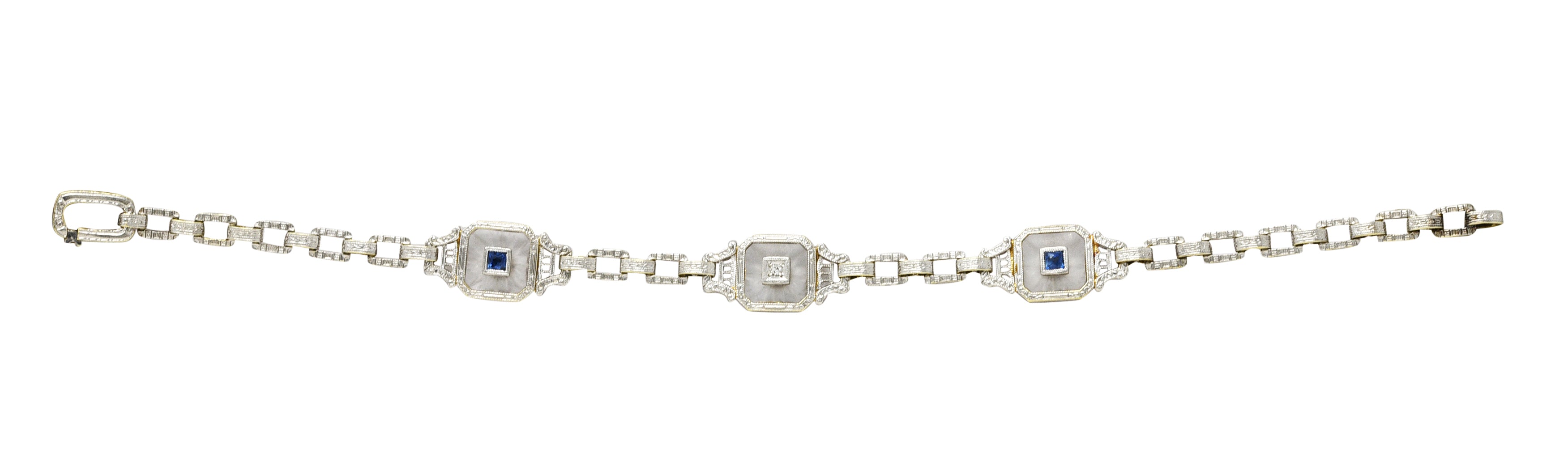 Krementz Art Deco Sapphire Diamond Camphor Glass 14 Karat Two-Tone Gold Bracelet Wilson's Estate Jewelry