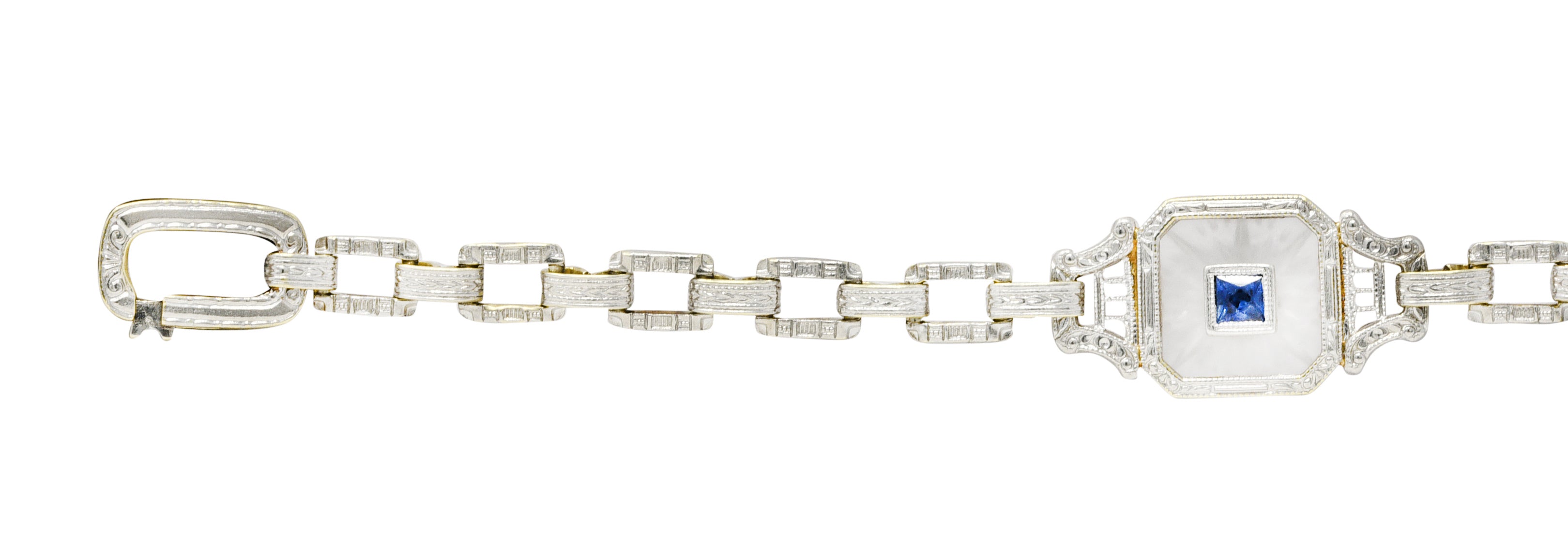 Krementz Art Deco Sapphire Diamond Camphor Glass 14 Karat Two-Tone Gold Bracelet Wilson's Estate Jewelry