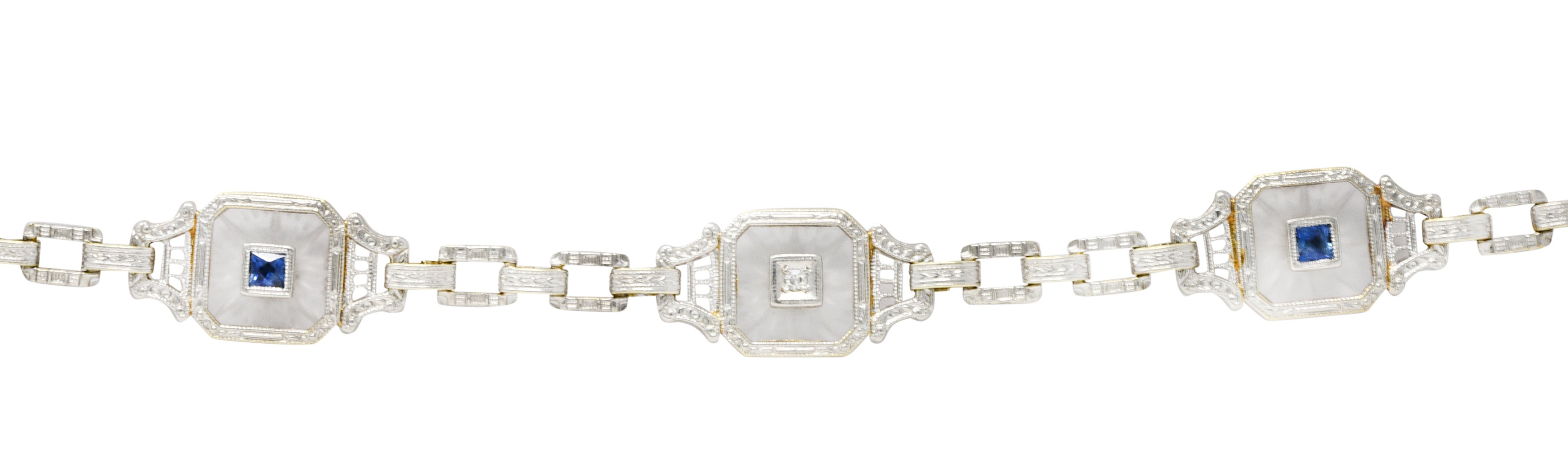 Krementz Art Deco Sapphire Diamond Camphor Glass 14 Karat Two-Tone Gold Bracelet Wilson's Estate Jewelry