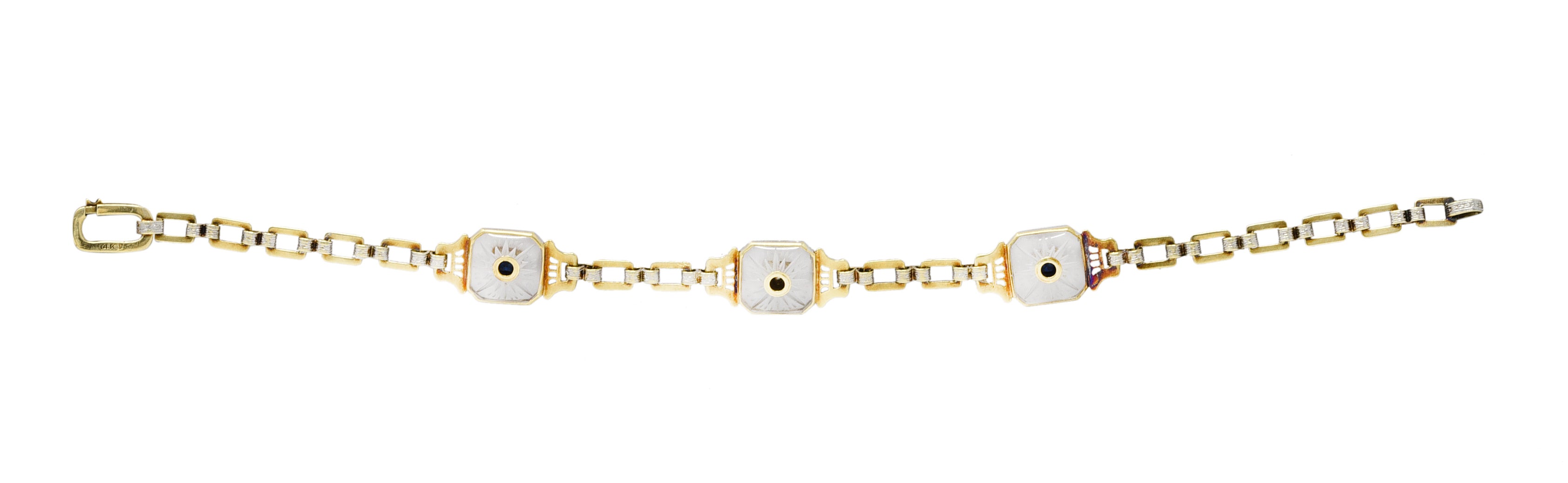 Krementz Art Deco Sapphire Diamond Camphor Glass 14 Karat Two-Tone Gold Bracelet Wilson's Estate Jewelry