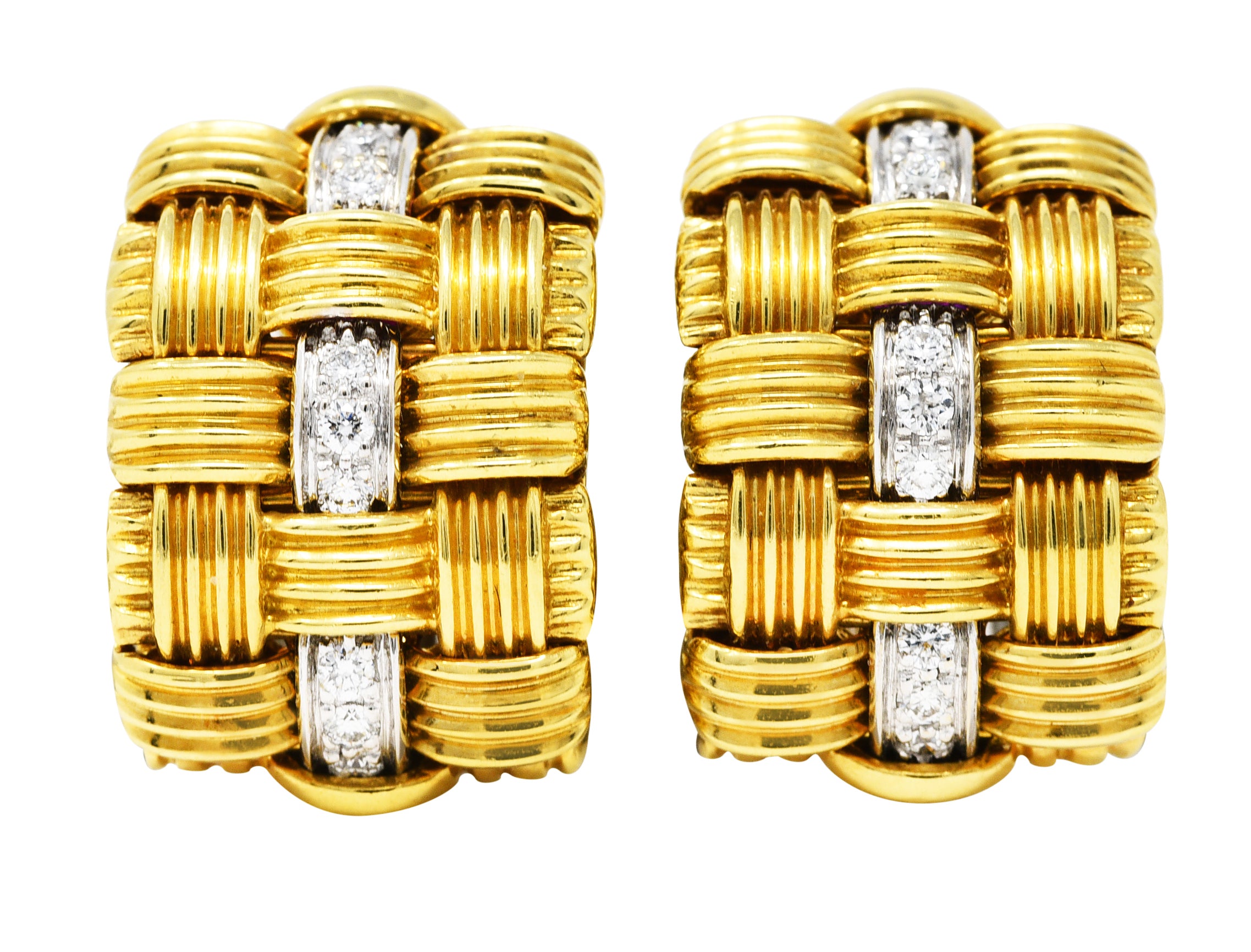 1990's Roberto Coin Diamond 18 Karat Two-Tone Gold Appassionata Vintage Half-Hoop Earrings Wilson's Estate Jewelry