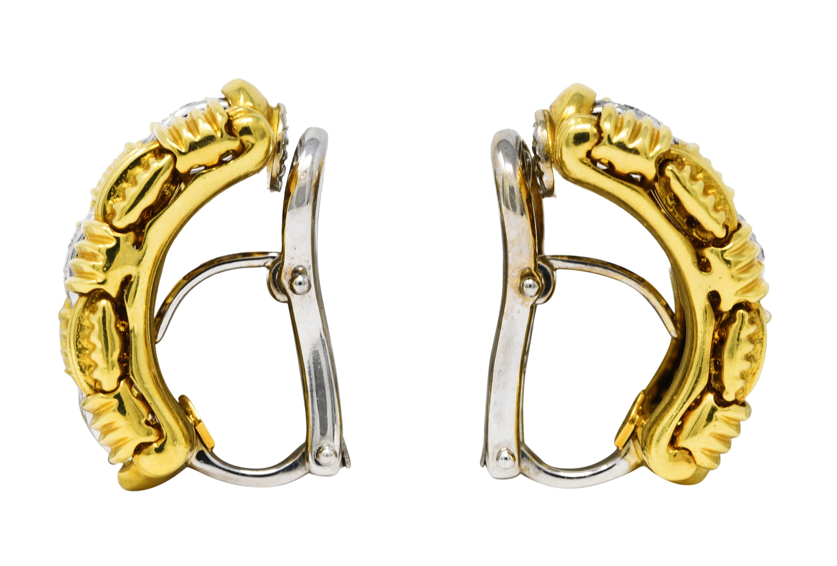 1990's Roberto Coin Diamond 18 Karat Two-Tone Gold Appassionata Vintage Half-Hoop Earrings Wilson's Estate Jewelry