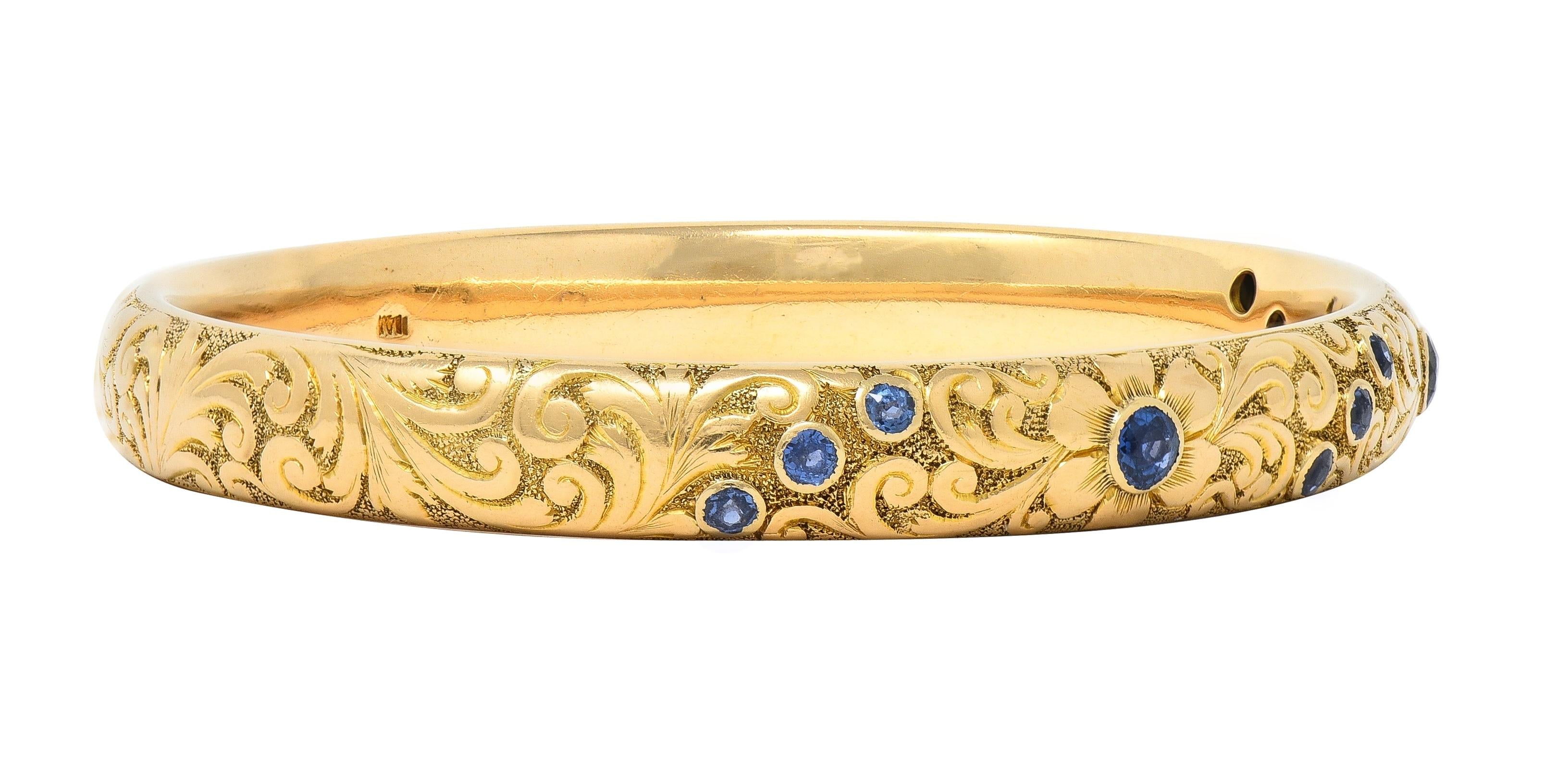 Tiffany & Co. Victorian Antique Sapphire 14 Karat Gold Floral Bangle Bracelet