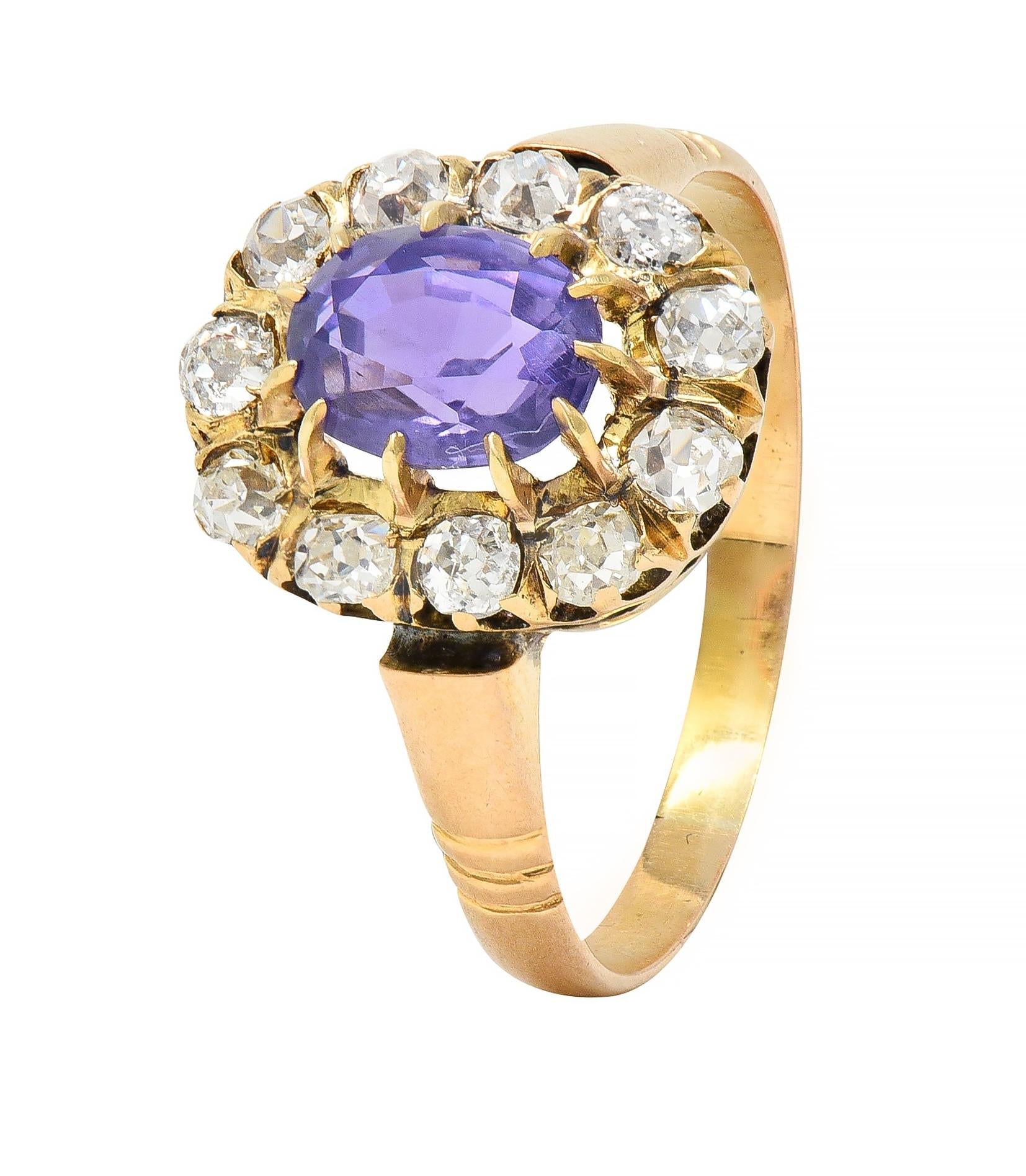 Victorian 1.78 CTW No Heat Ceylon Purple Sapphire 18 Karat Yellow Gold Halo Ring