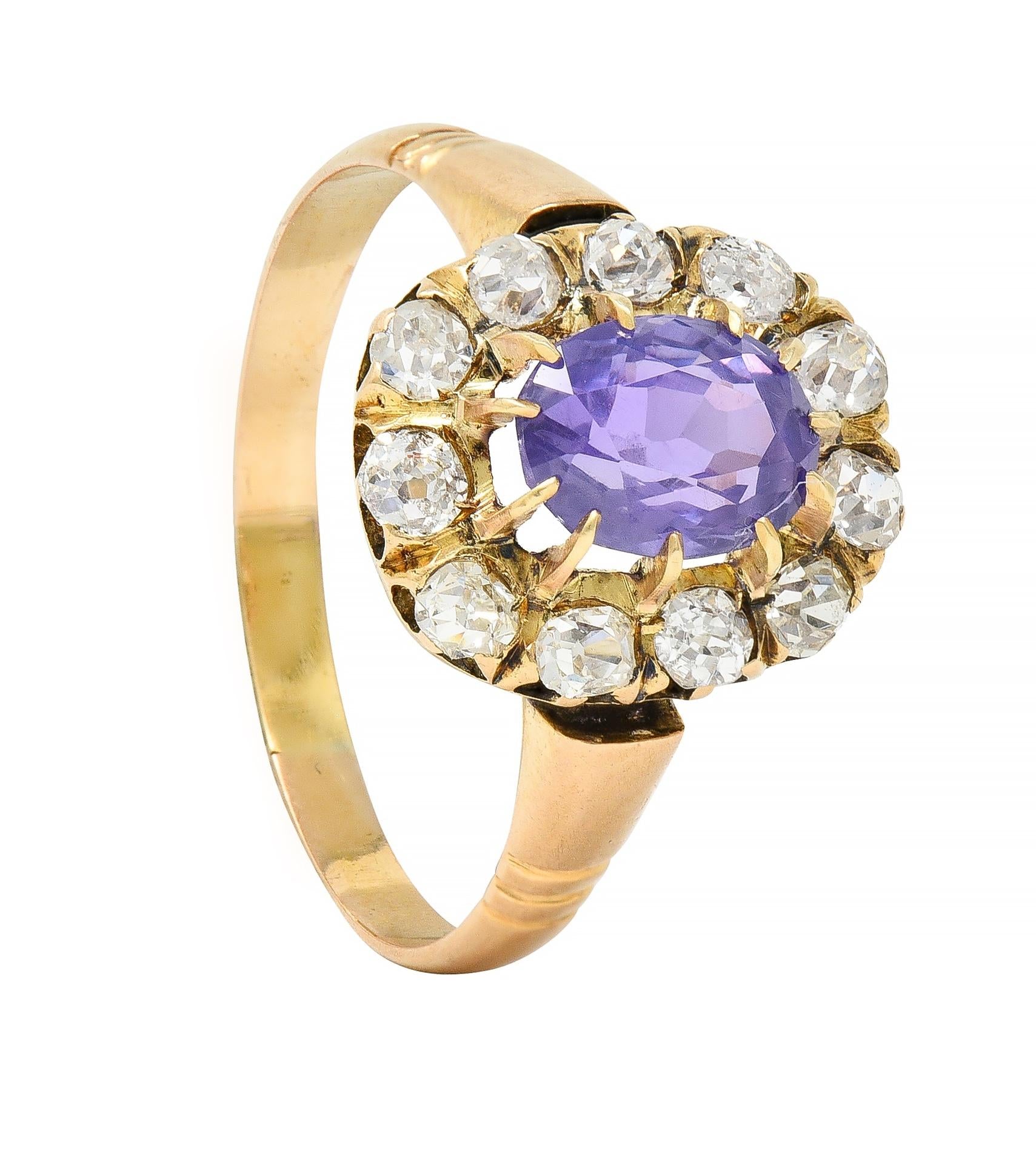 Victorian 1.78 CTW No Heat Ceylon Purple Sapphire 18 Karat Yellow Gold Halo Ring