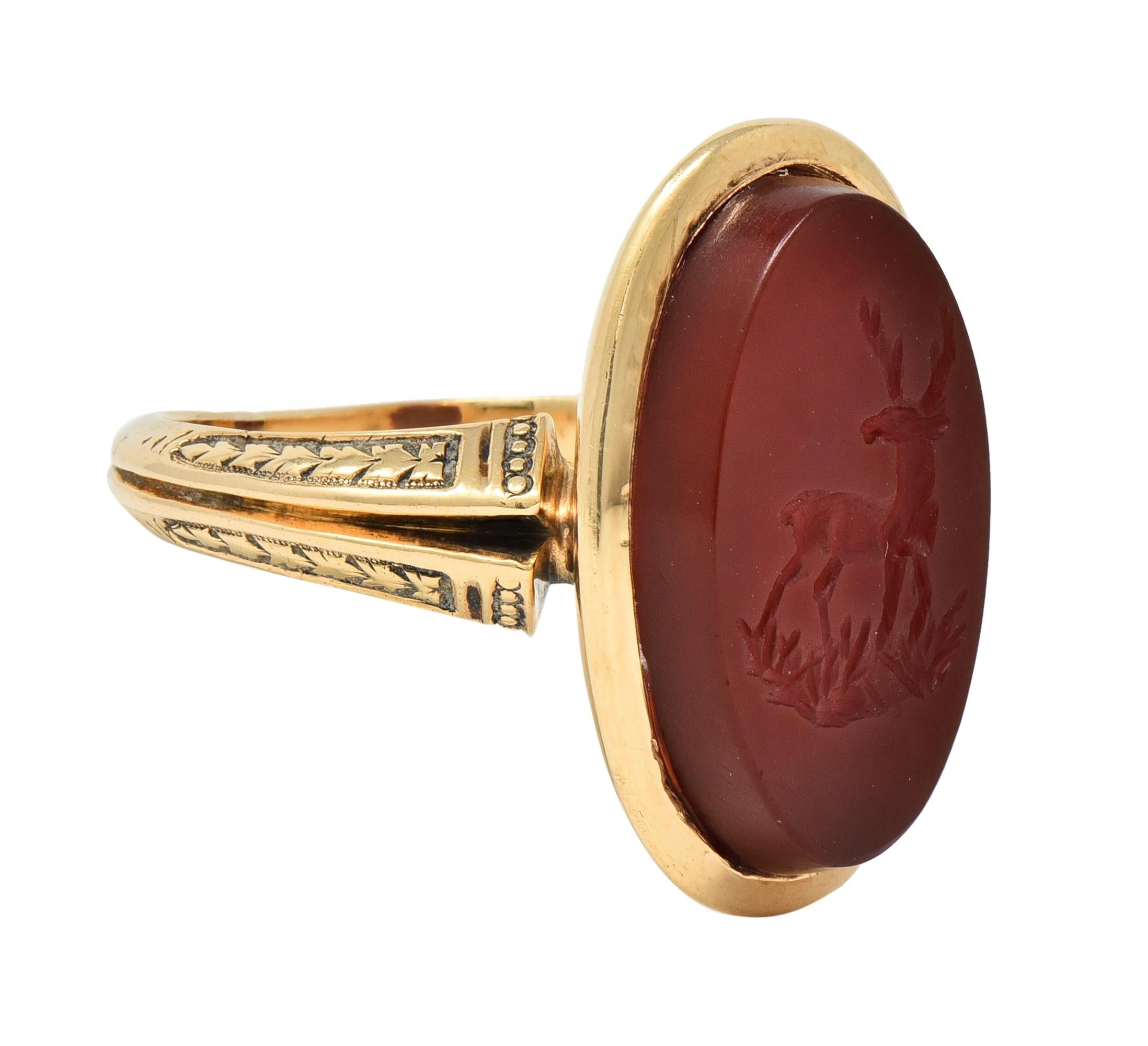 Victorian Carnelian 18K Yellow Gold Stag Deer Intaglio Antique Signet Ring