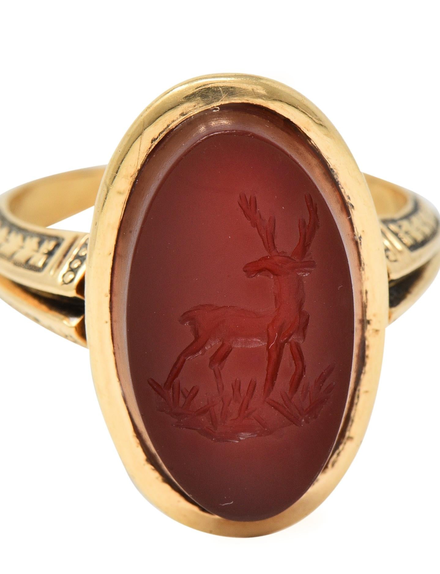 Victorian Carnelian 18K Yellow Gold Stag Deer Intaglio Antique Signet Ring