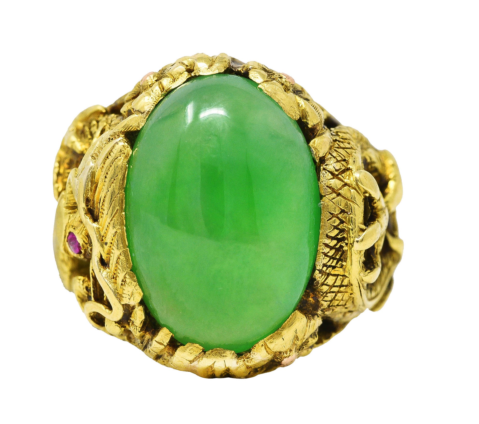 Art Nouveau Jadeite Jade Ruby 18 Karat Yellow Gold Dragon Antique Ring GIA Wilson's Estate Jewelry