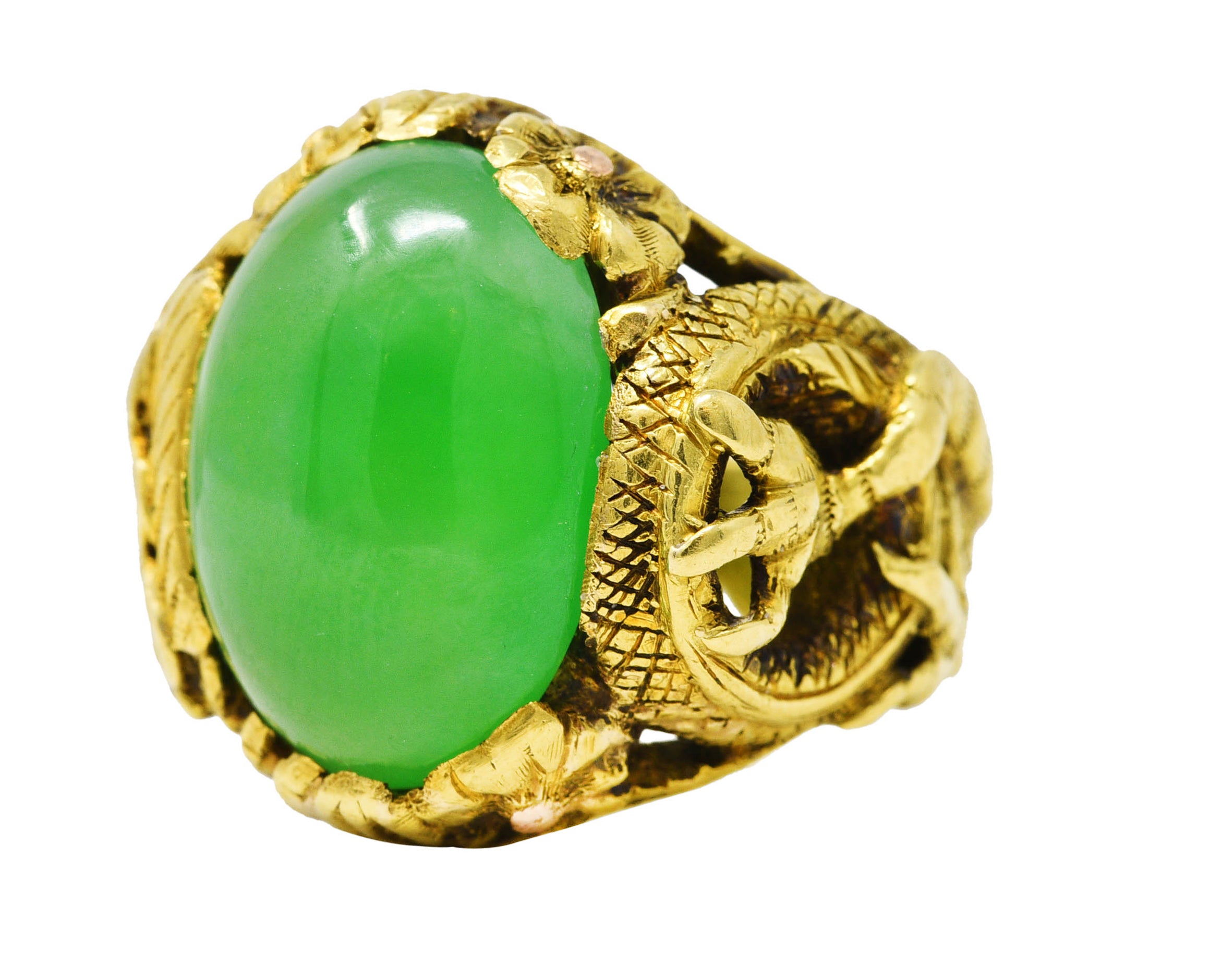 Art Nouveau Jadeite Jade Ruby 18 Karat Yellow Gold Dragon Antique Ring GIA Wilson's Estate Jewelry