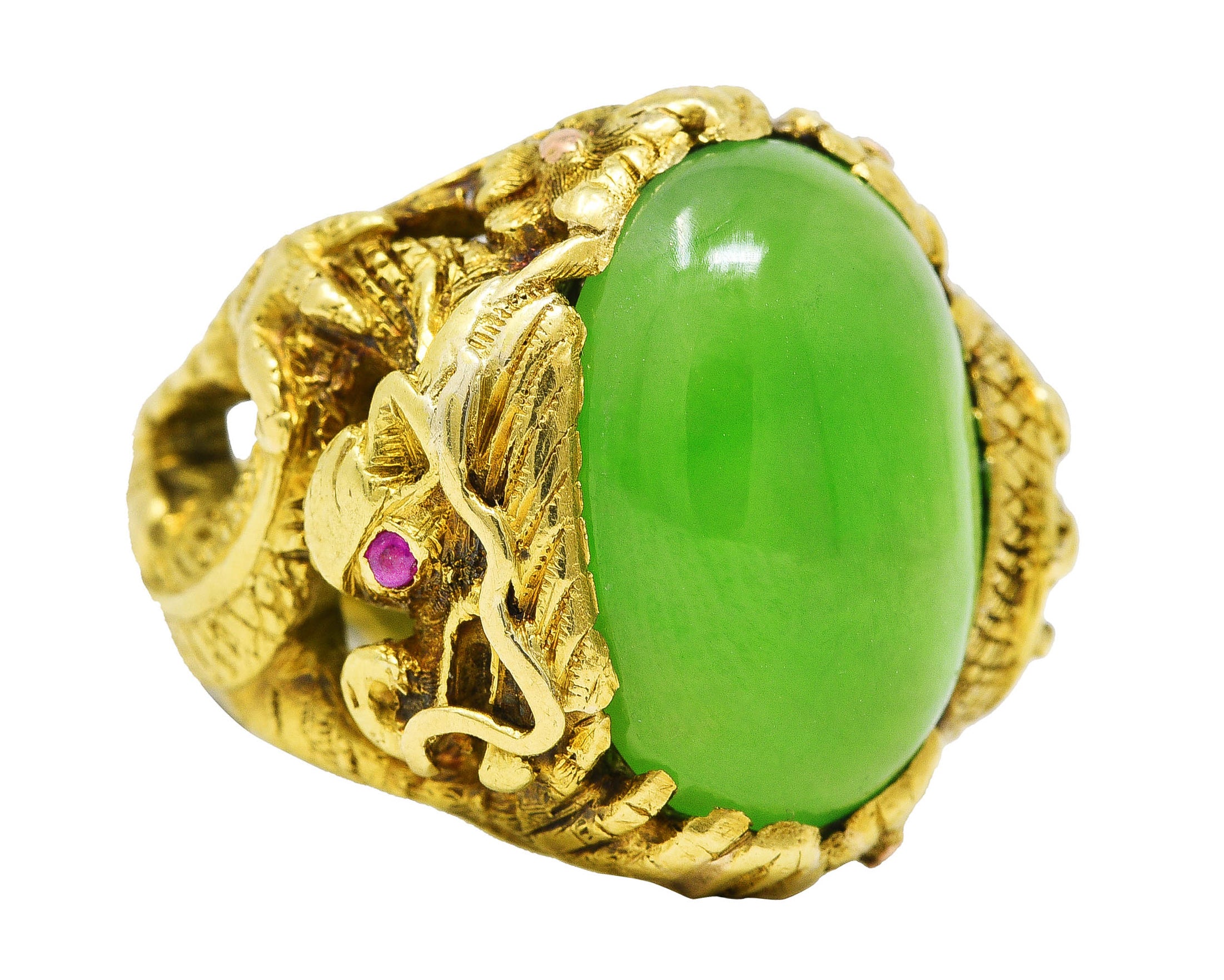 Art Nouveau Jadeite Jade Ruby 18 Karat Yellow Gold Dragon Antique Ring GIA Wilson's Estate Jewelry