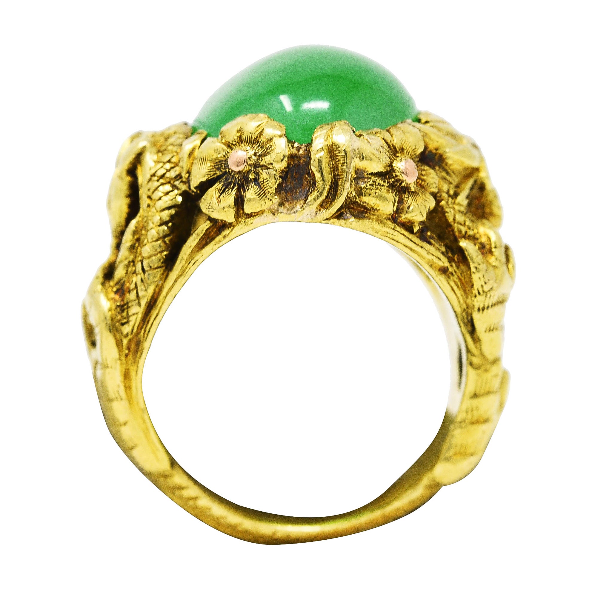 Art Nouveau Jadeite Jade Ruby 18 Karat Yellow Gold Dragon Antique Ring GIA Wilson's Estate Jewelry