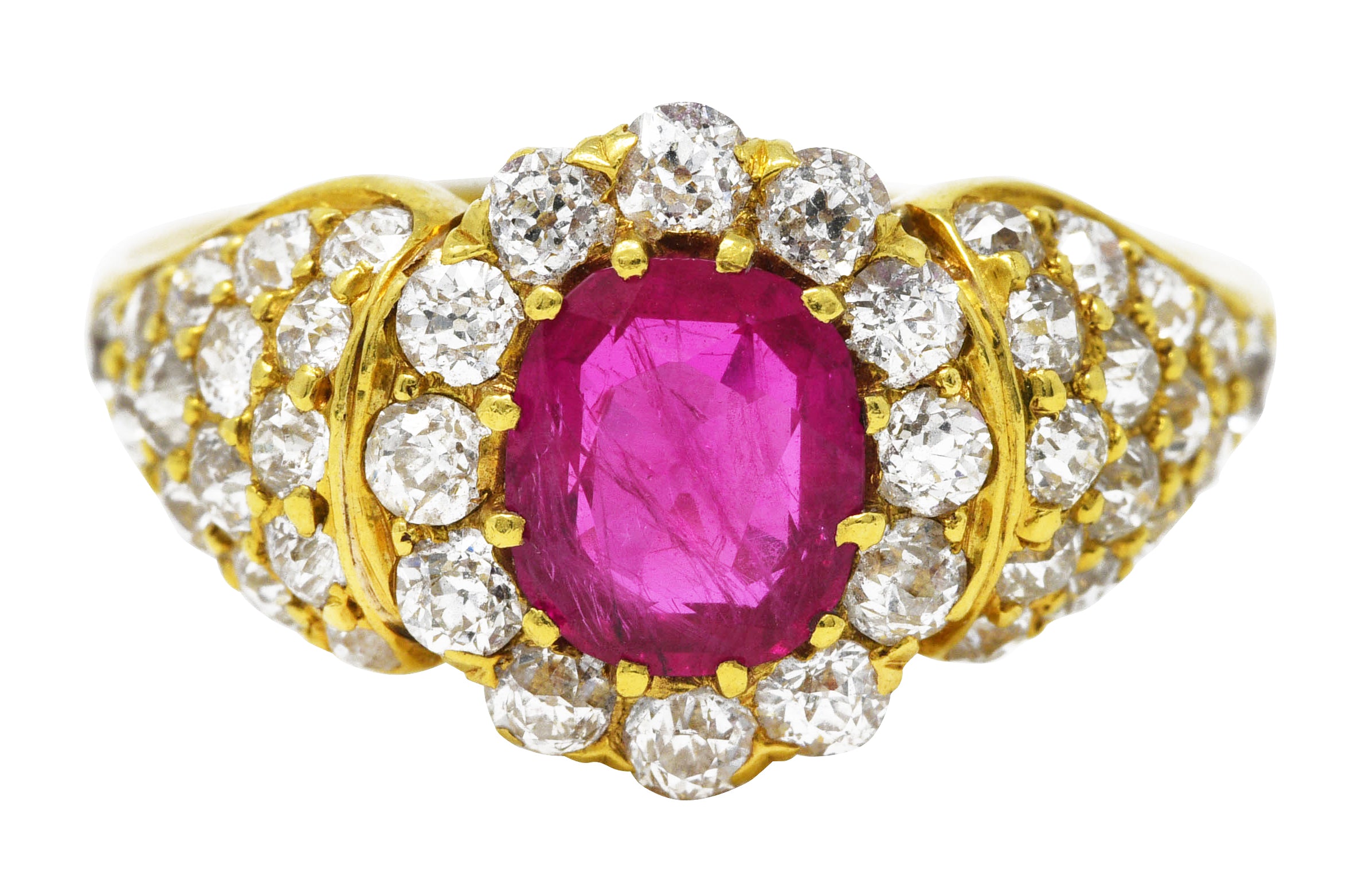 Late Victorian 2.35 CTW Ruby Diamond 18 Karat Yellow Gold Cluster Ring Wilson's Estate Jewelry