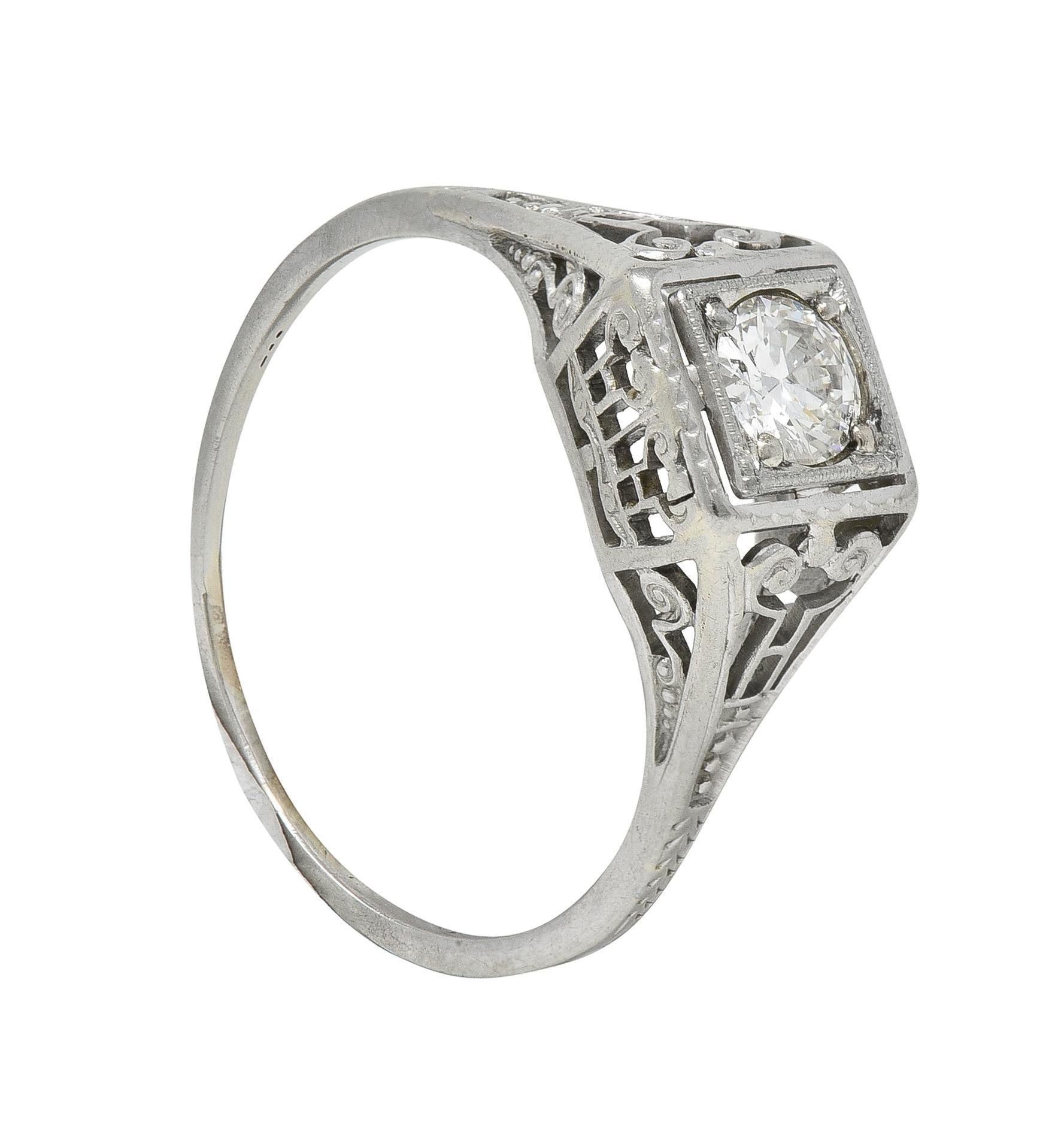 Art Deco Old European Diamond 14 Karat White Gold Column Engagement Ring