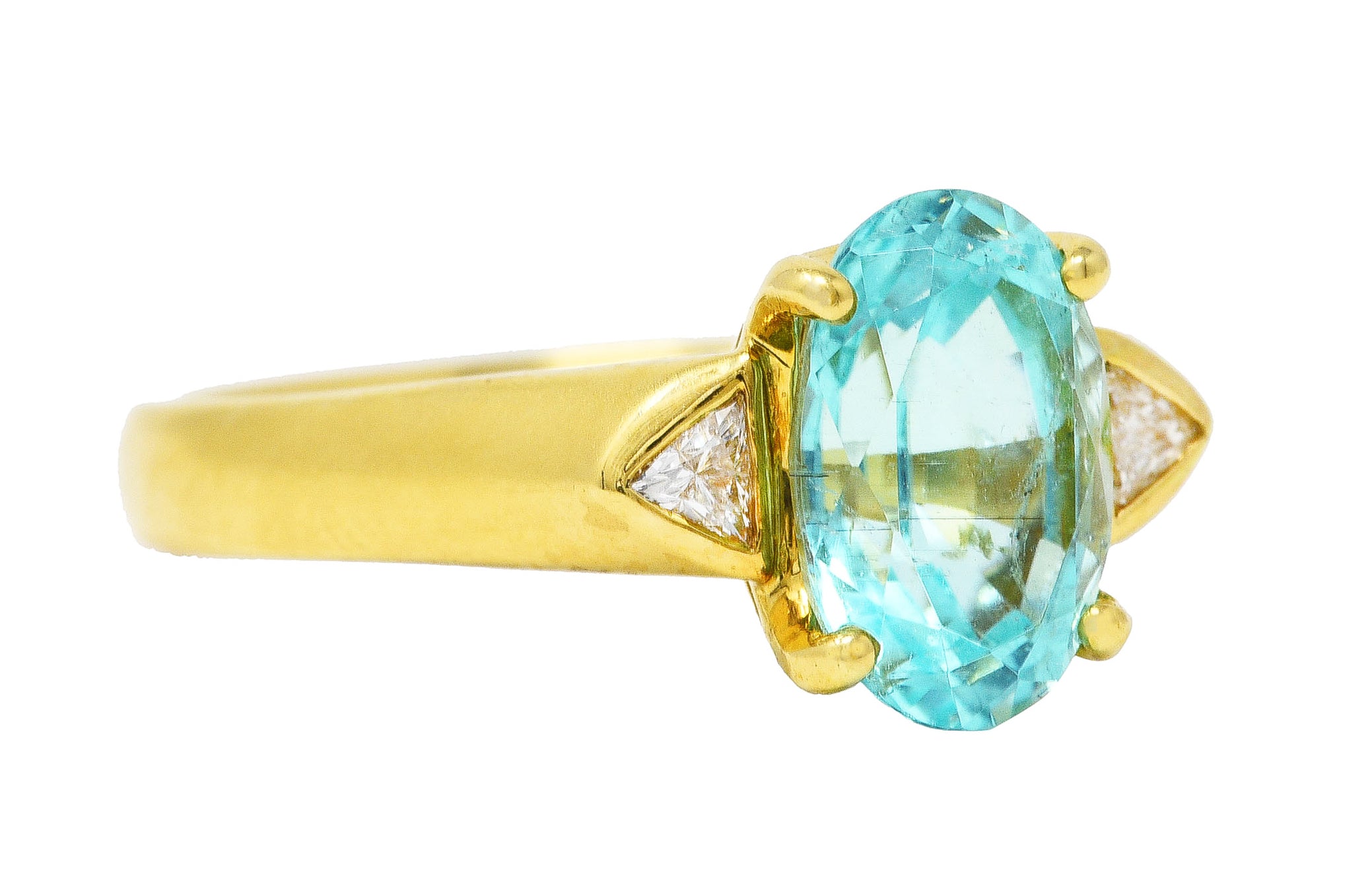 Contemporary 2.51 CTW Paraiba Tourmaline Trillion Cut Diamond 18 Karat Yellow Gold Three Stone Ring AGL Wilson's Estate Jewelry