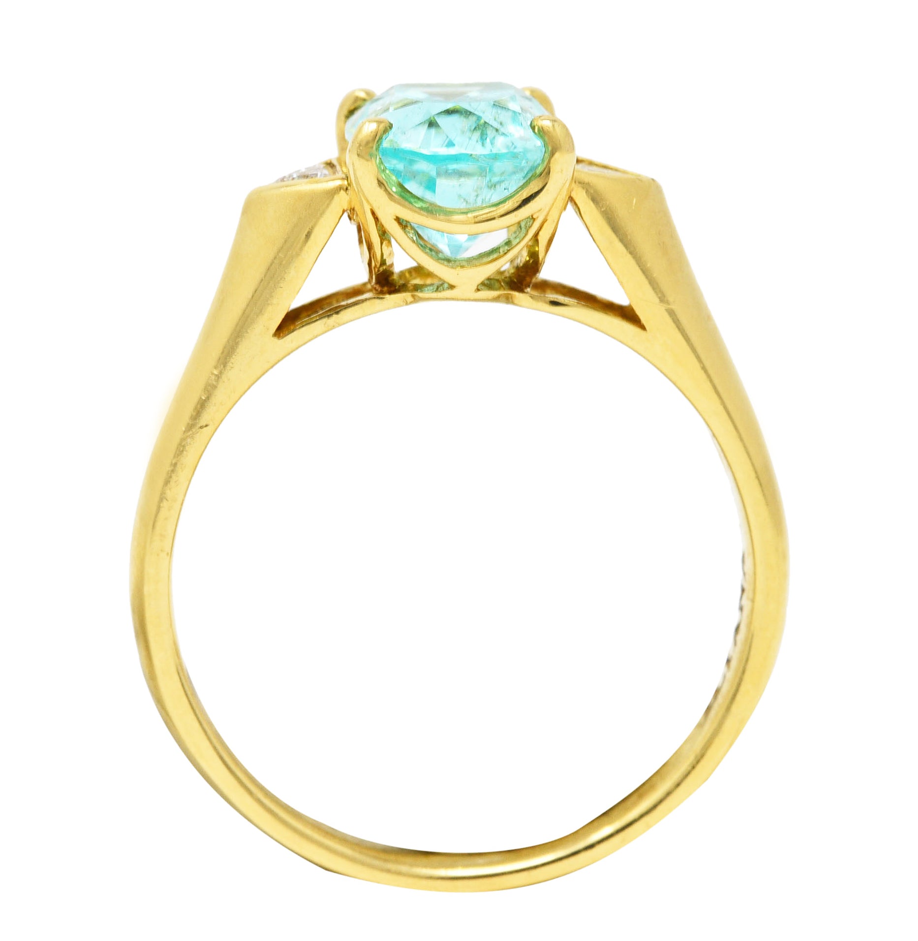 Contemporary 2.51 CTW Paraiba Tourmaline Trillion Cut Diamond 18 Karat Yellow Gold Three Stone Ring AGL Wilson's Estate Jewelry