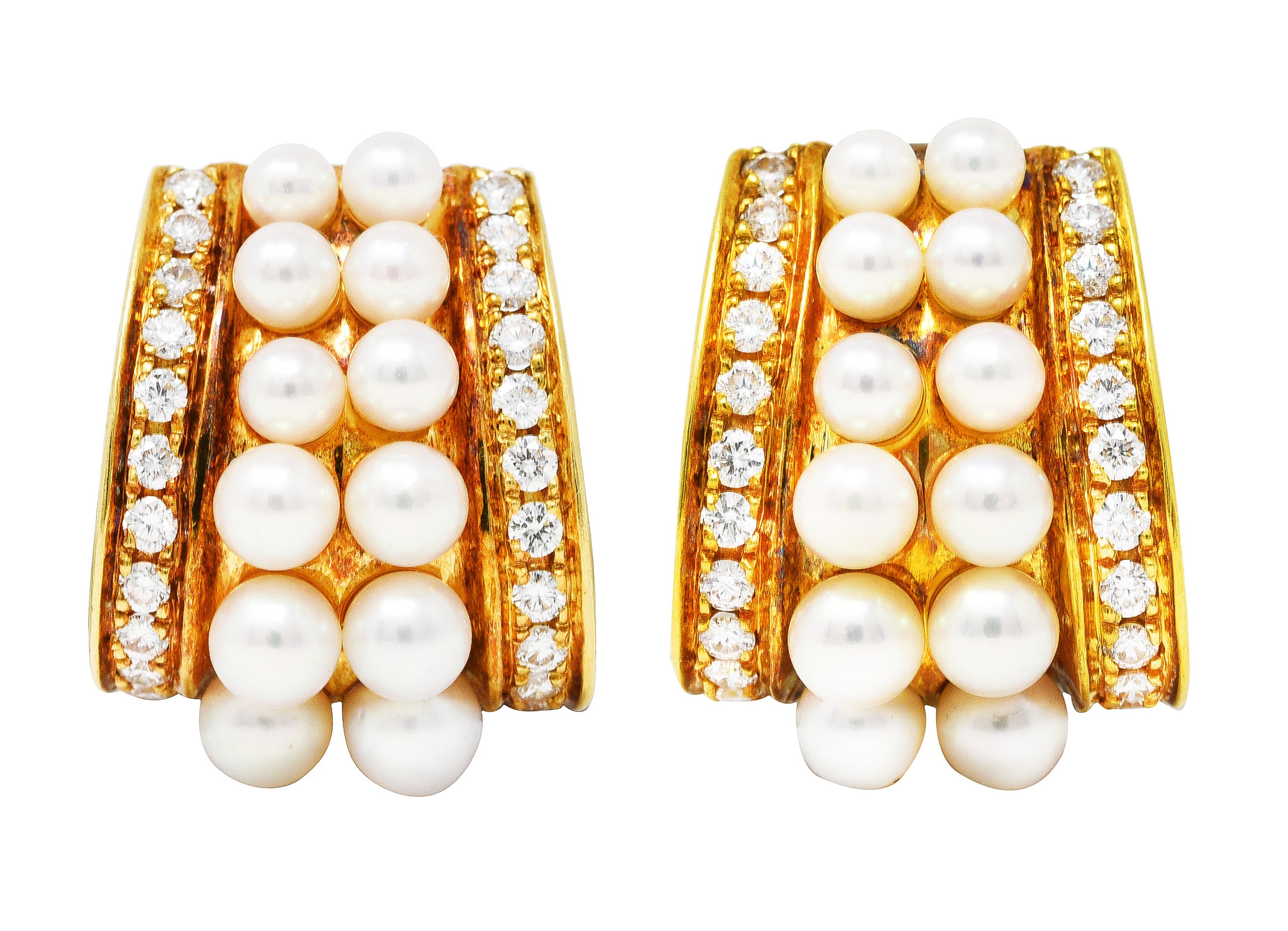 Mikimoto 1960's 1.56 CTW Diamond Rose Pearl 18 Karat Yellow Gold Vintage J-Hoop Earrings Wilson's Estate Jewelry