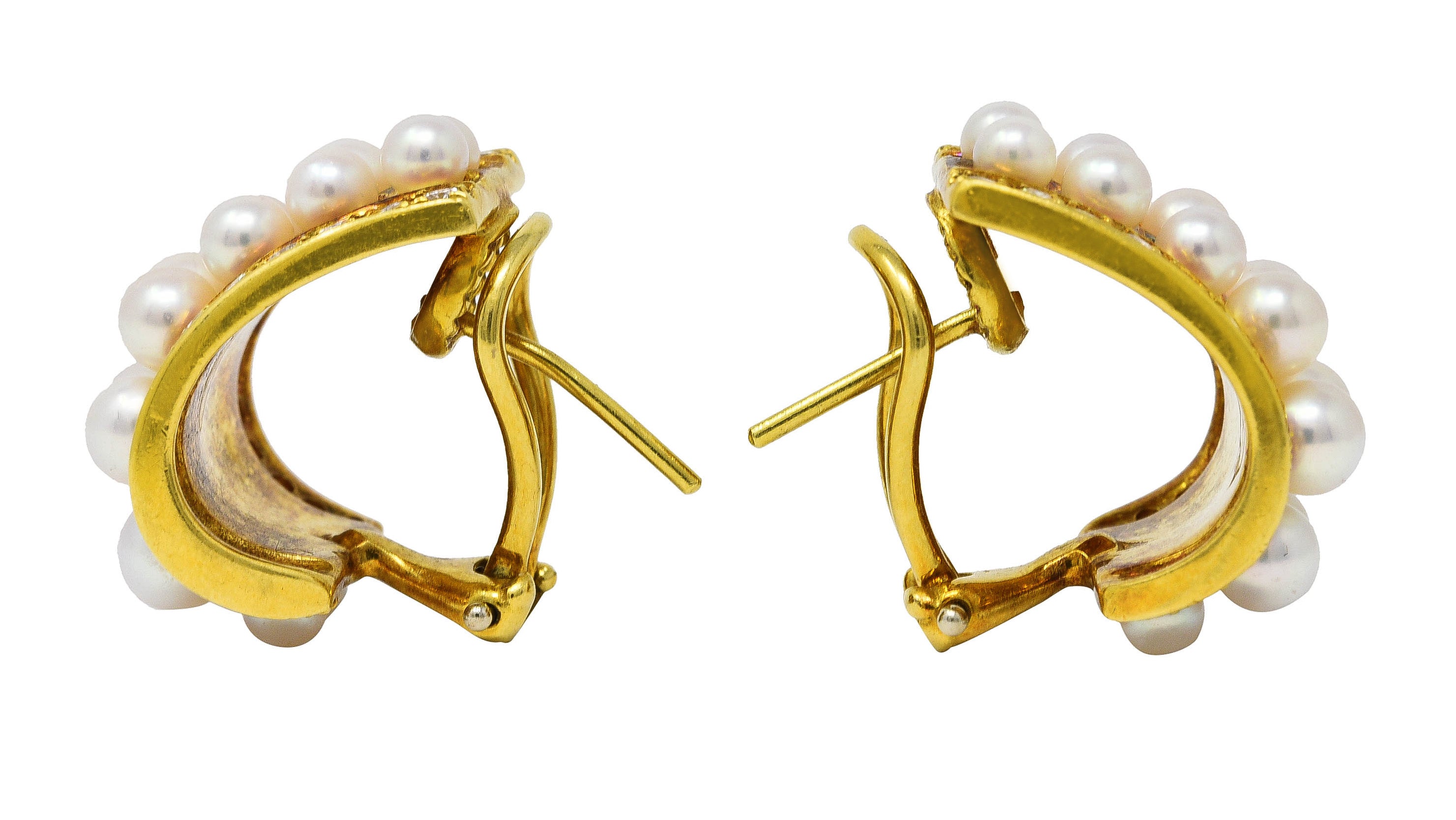 Mikimoto 1960's 1.56 CTW Diamond Rose Pearl 18 Karat Yellow Gold Vintage J-Hoop Earrings Wilson's Estate Jewelry