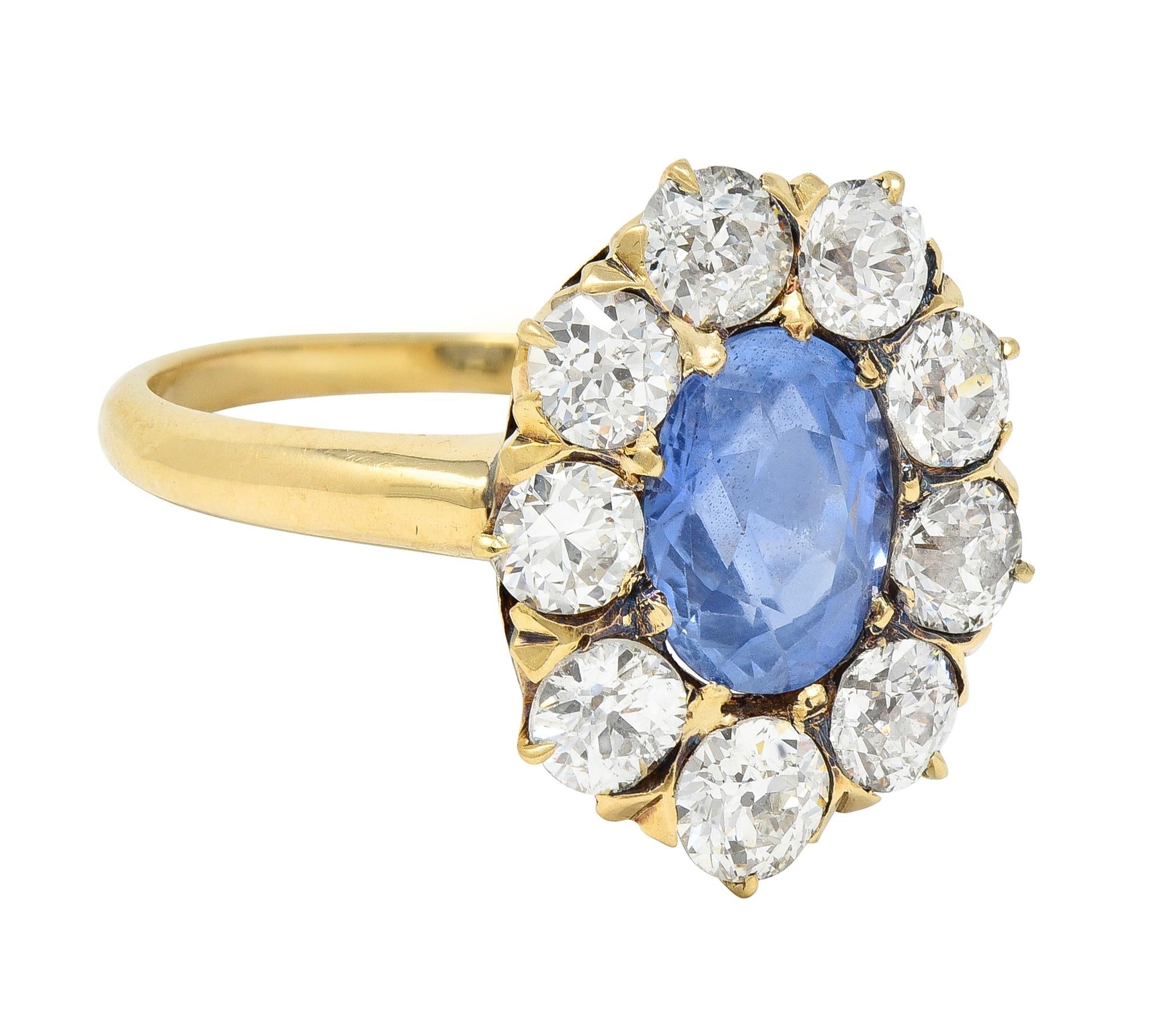 Victorian 3.31 CTW No Heat Ceylon Sapphire Diamond 14 Karat Gold Halo Ring GIA