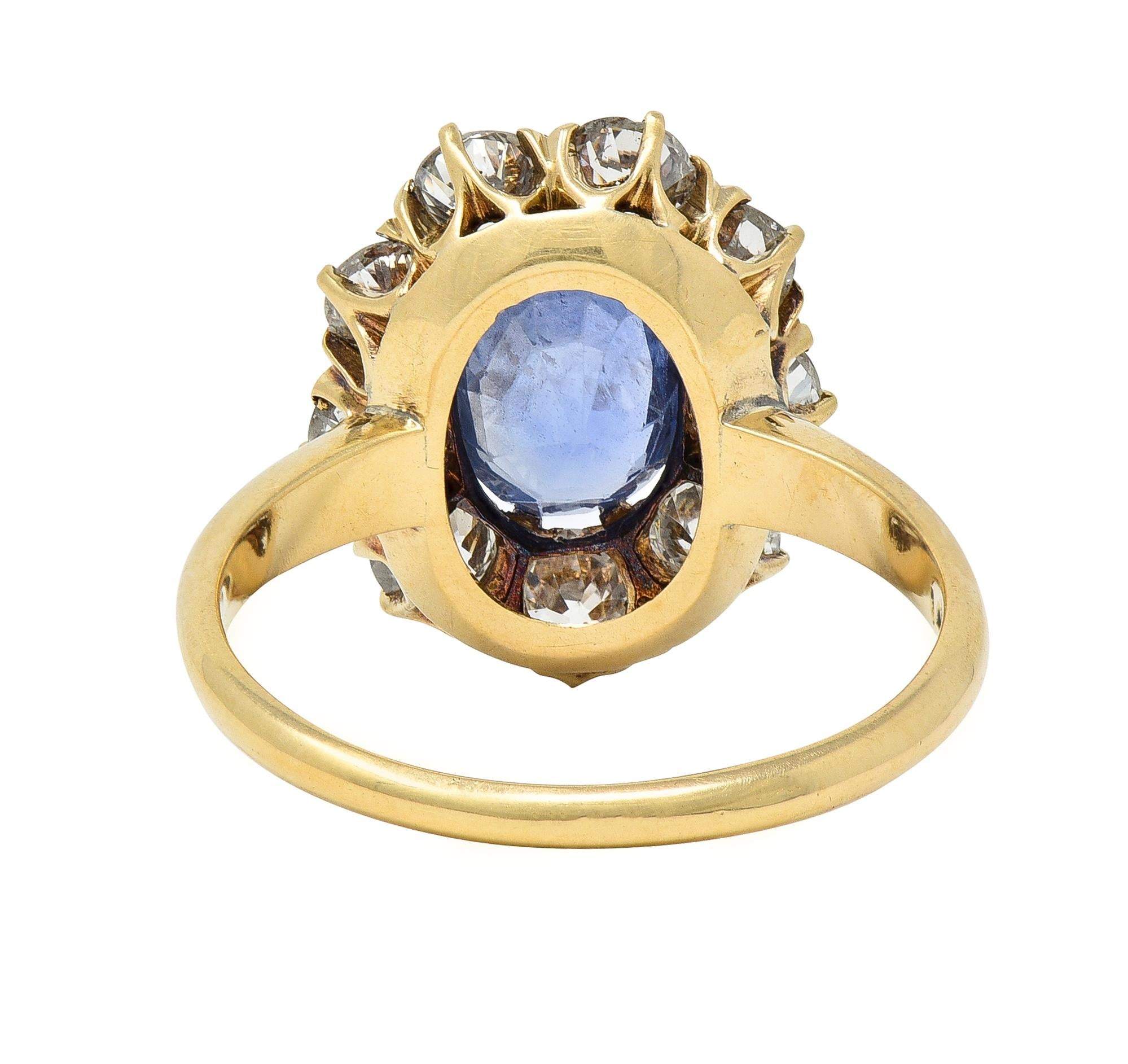 Victorian 3.31 CTW No Heat Ceylon Sapphire Diamond 14 Karat Gold Halo Ring GIA