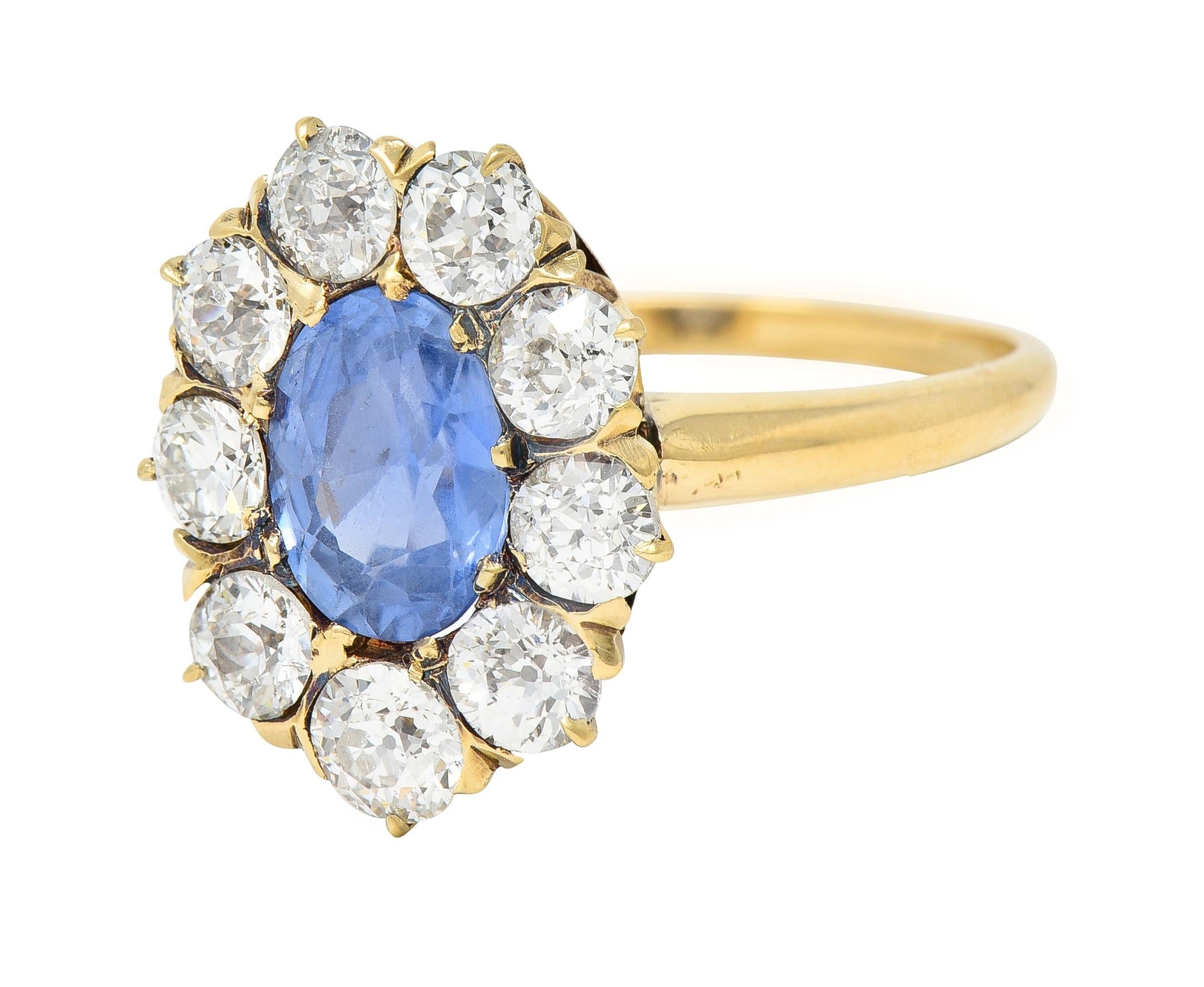 Victorian 3.31 CTW No Heat Ceylon Sapphire Diamond 14 Karat Gold Halo Ring GIA