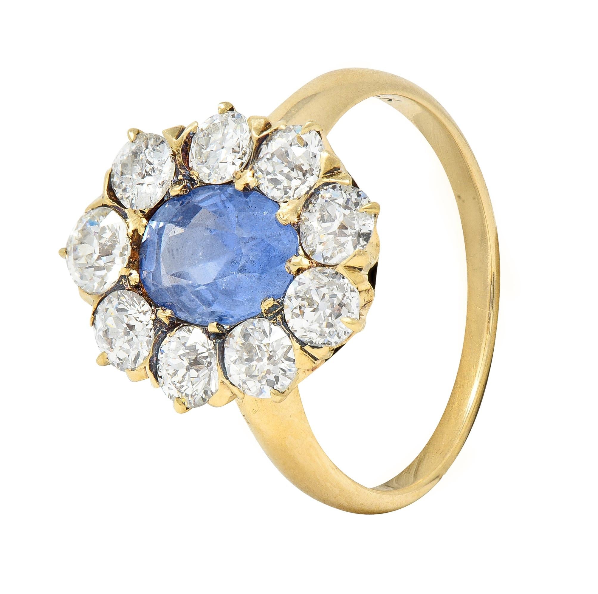 Victorian 3.31 CTW No Heat Ceylon Sapphire Diamond 14 Karat Gold Halo Ring GIA