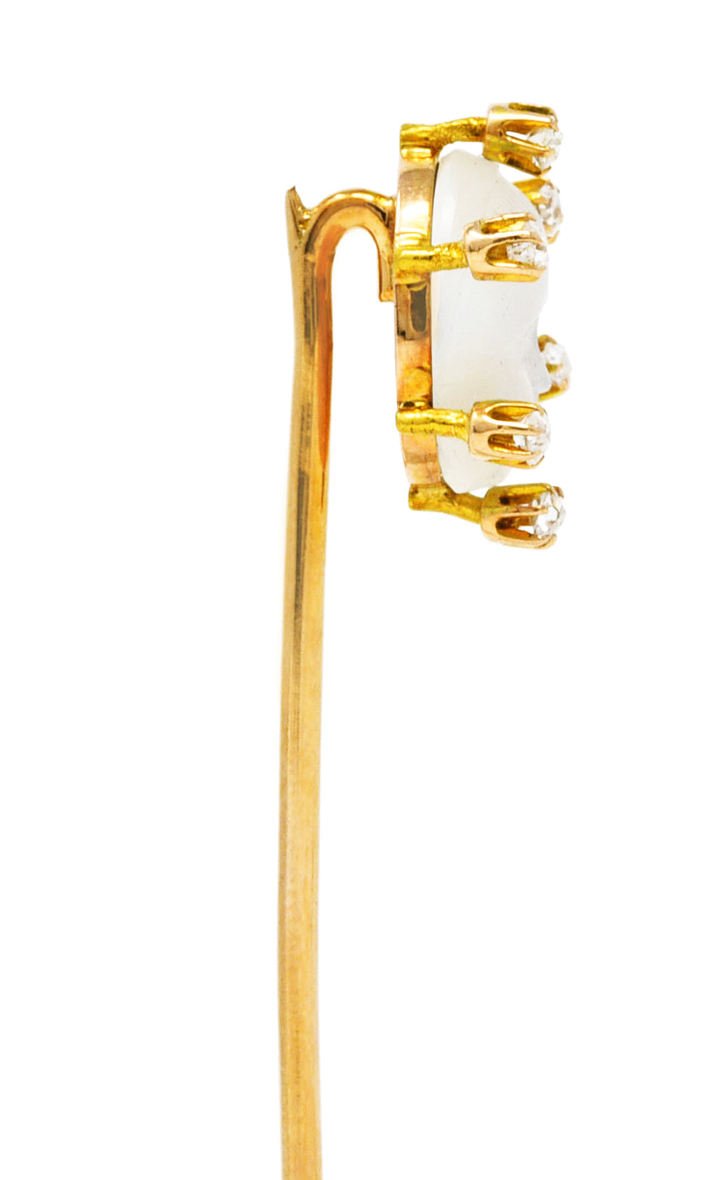 1880's Victorian Moonstone Diamond 18 Karat Yellow Gold Baby Stickpin Wilson's Estate Jewelry