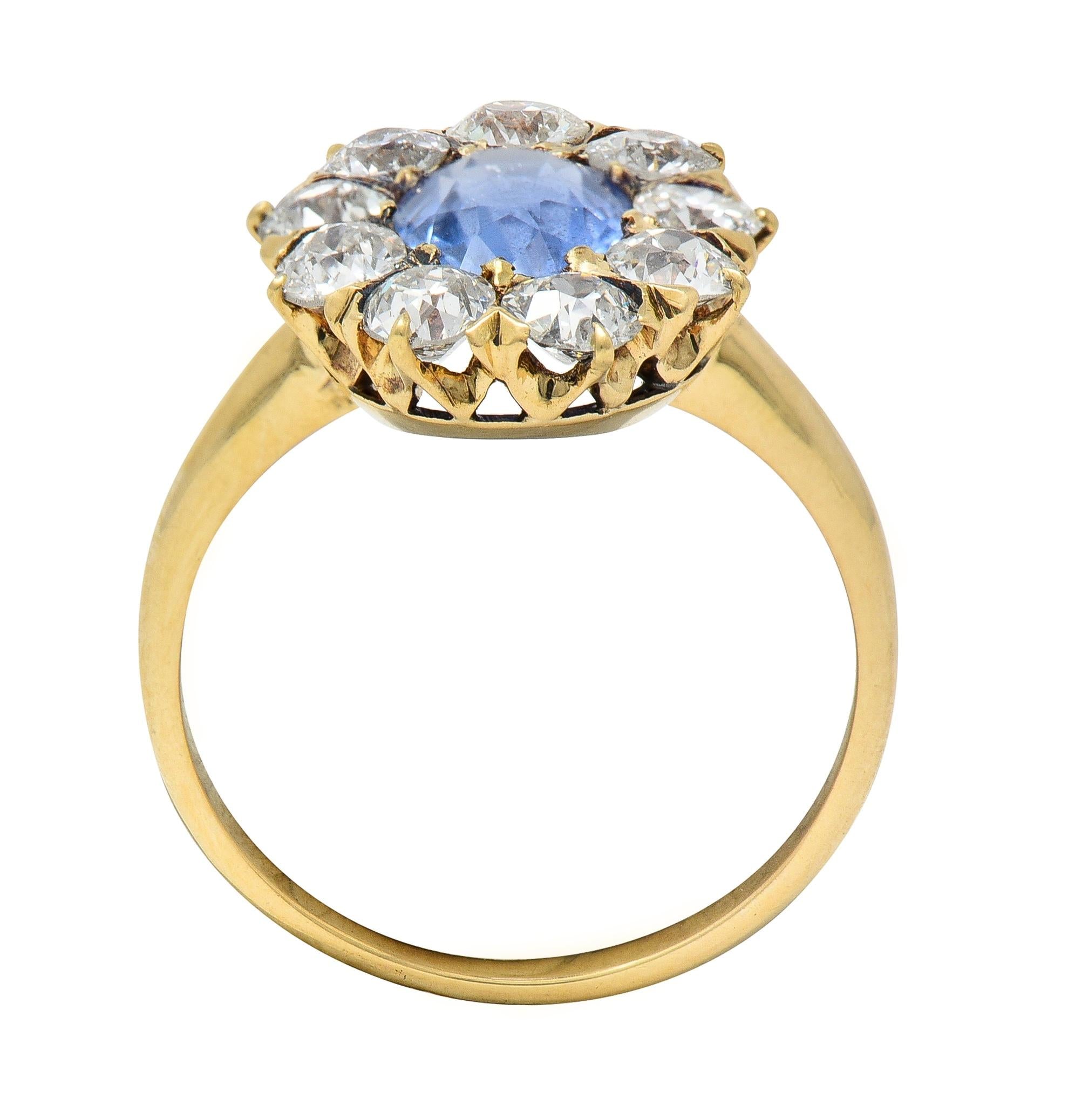 Victorian 3.31 CTW No Heat Ceylon Sapphire Diamond 14 Karat Gold Halo Ring GIA