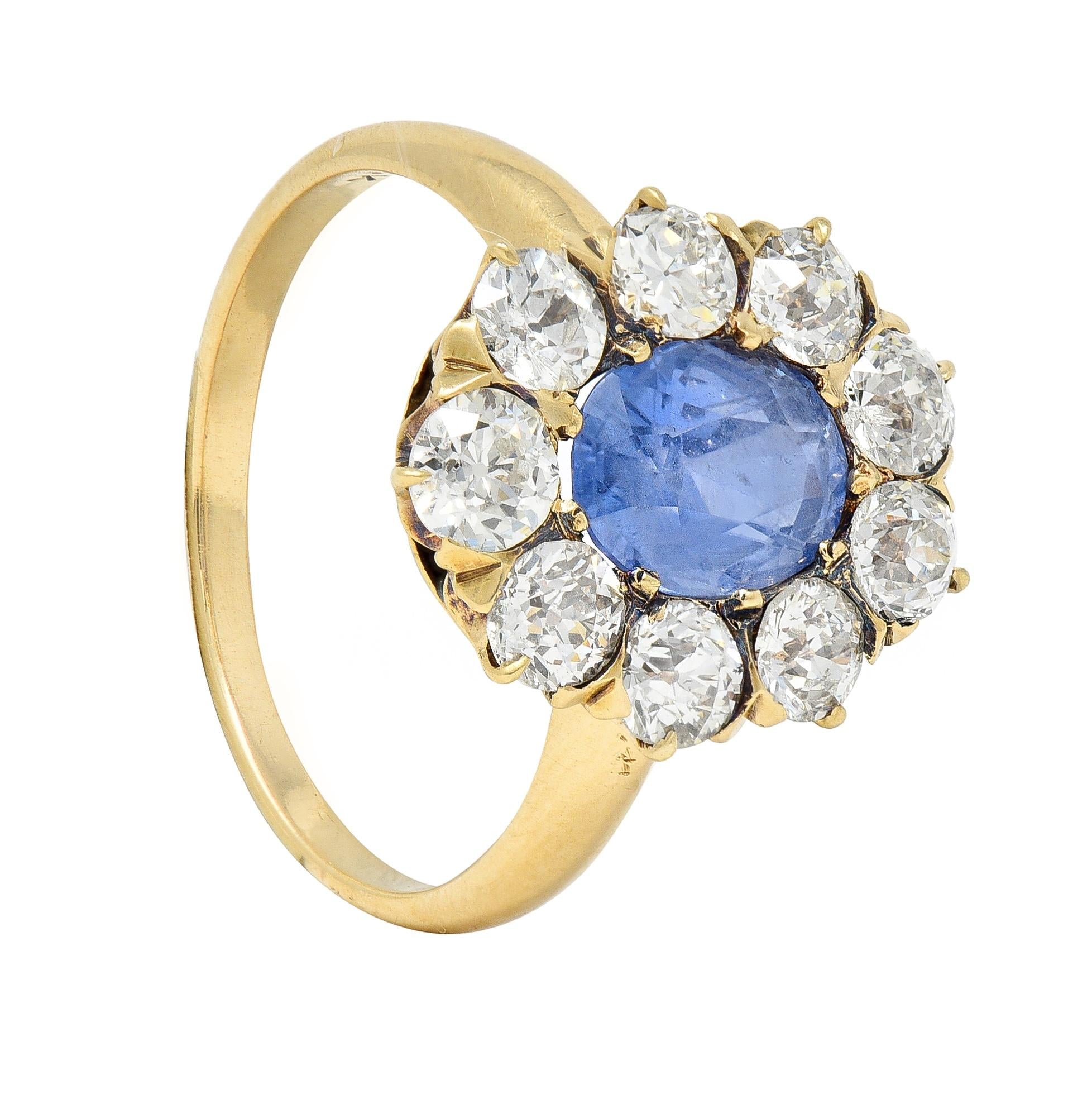 Victorian 3.31 CTW No Heat Ceylon Sapphire Diamond 14 Karat Gold Halo Ring GIA