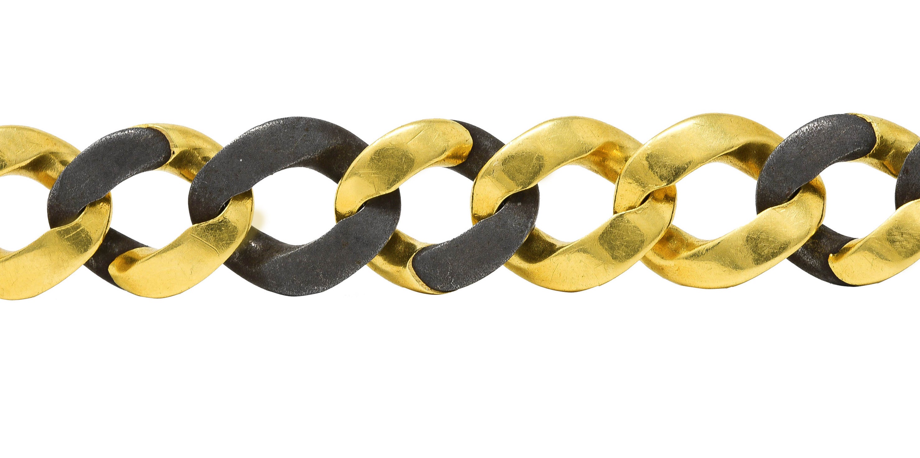 Bulgari 18 Karat Yellow Gold Steel Two-Tone Curb Link Chain Vintage Unisex Bracelet Wilson's Estate Jewelry