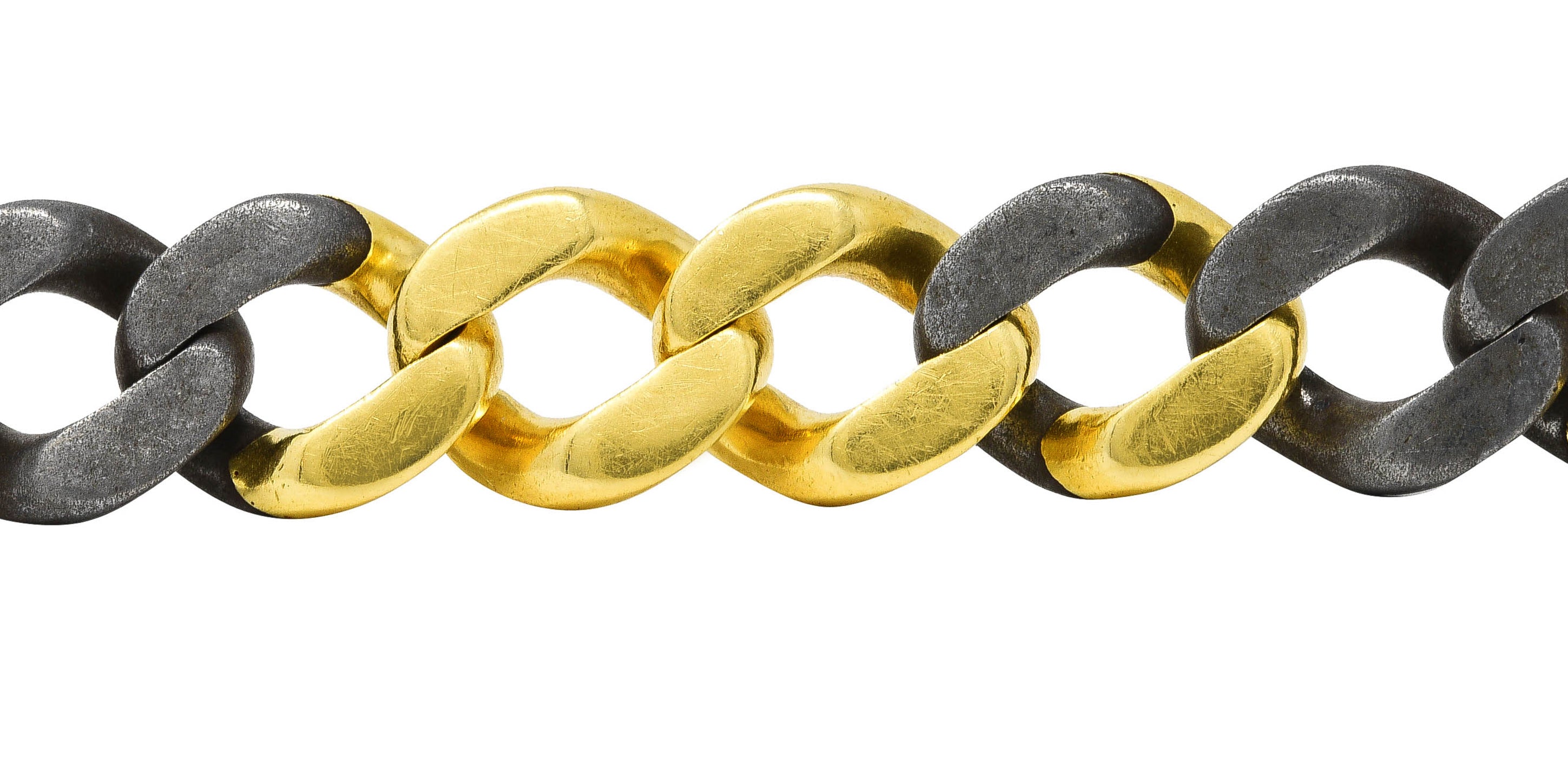 Bulgari 18 Karat Yellow Gold Steel Two-Tone Curb Link Chain Vintage Unisex Bracelet Wilson's Estate Jewelry