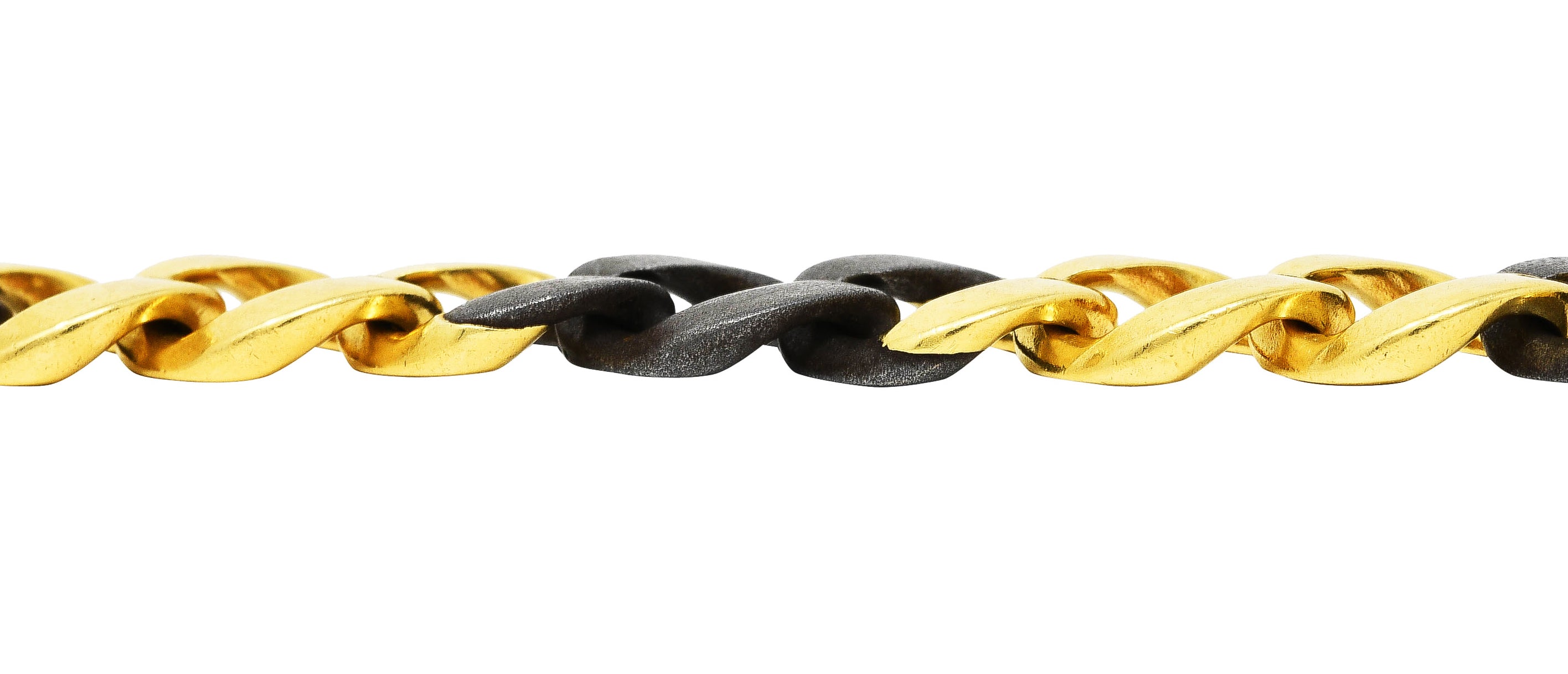 Bulgari 18 Karat Yellow Gold Steel Two-Tone Curb Link Chain Vintage Unisex Bracelet Wilson's Estate Jewelry