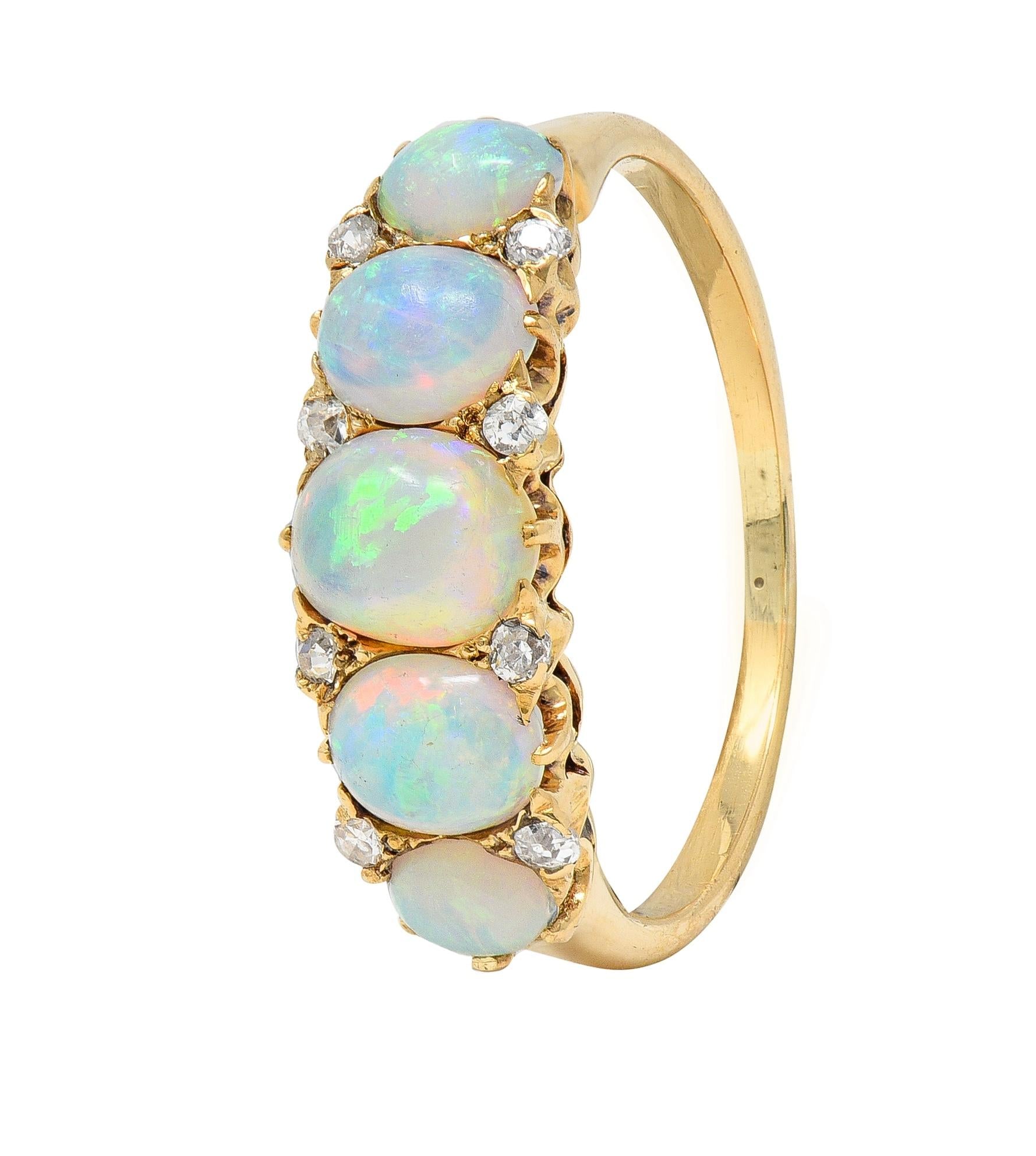 Victorian Opal Diamond 18 Karat Yellow Gold Antique Five Stone Band Ring