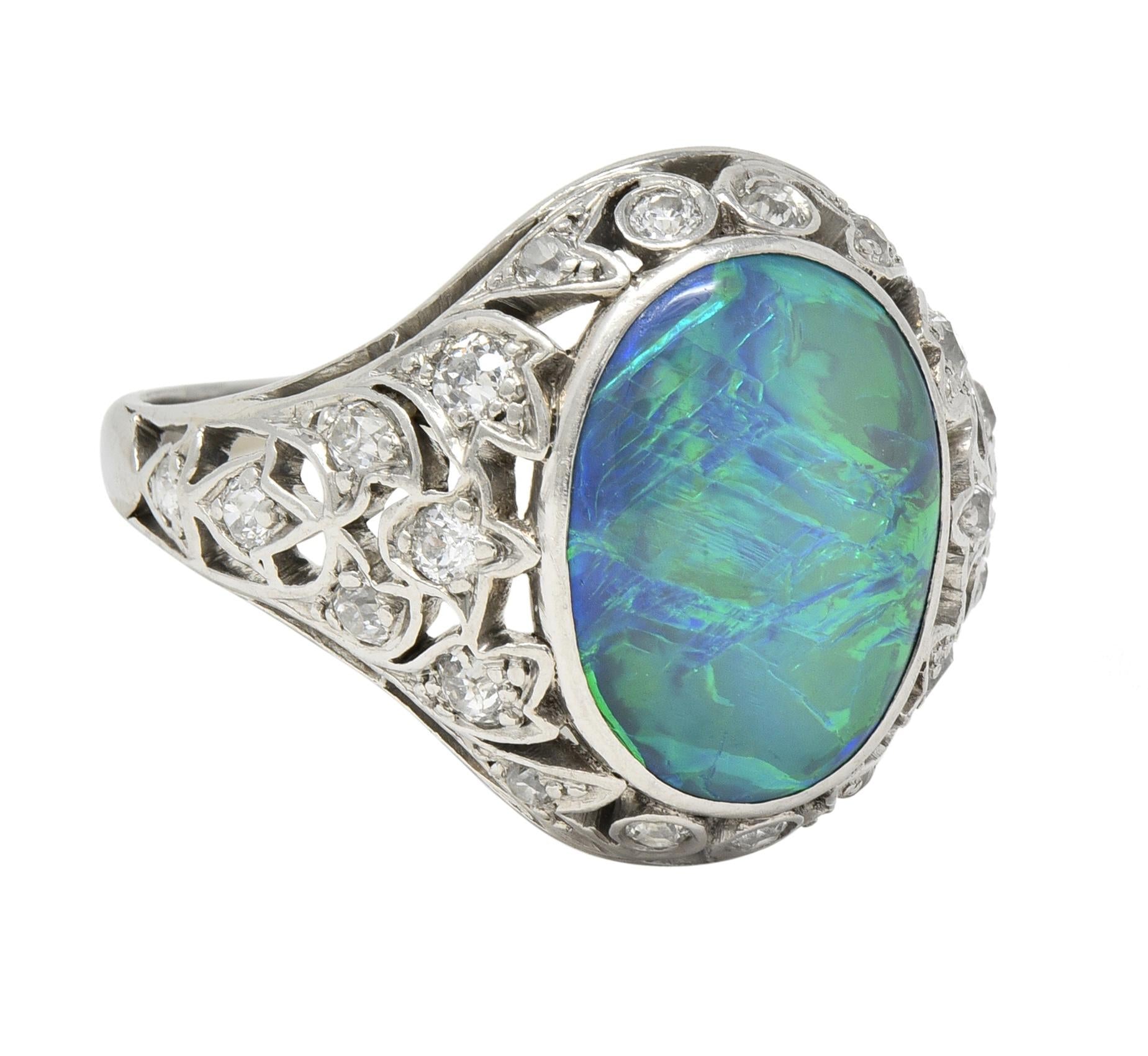 Art Deco Opal Diamond Platinum Ivy Bombé Vintage Gemstone Ring