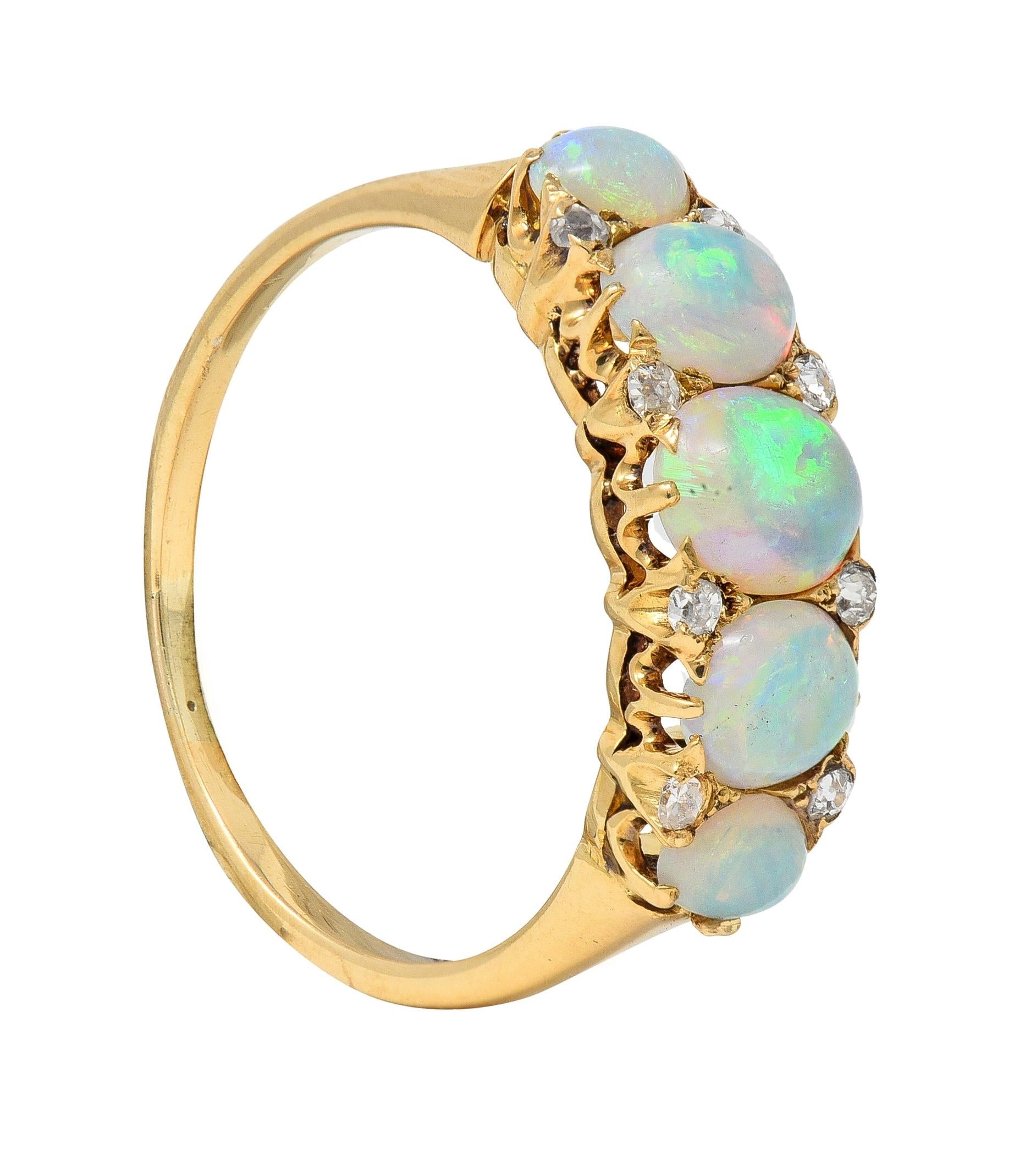 Victorian Opal Diamond 18 Karat Yellow Gold Antique Five Stone Band Ring