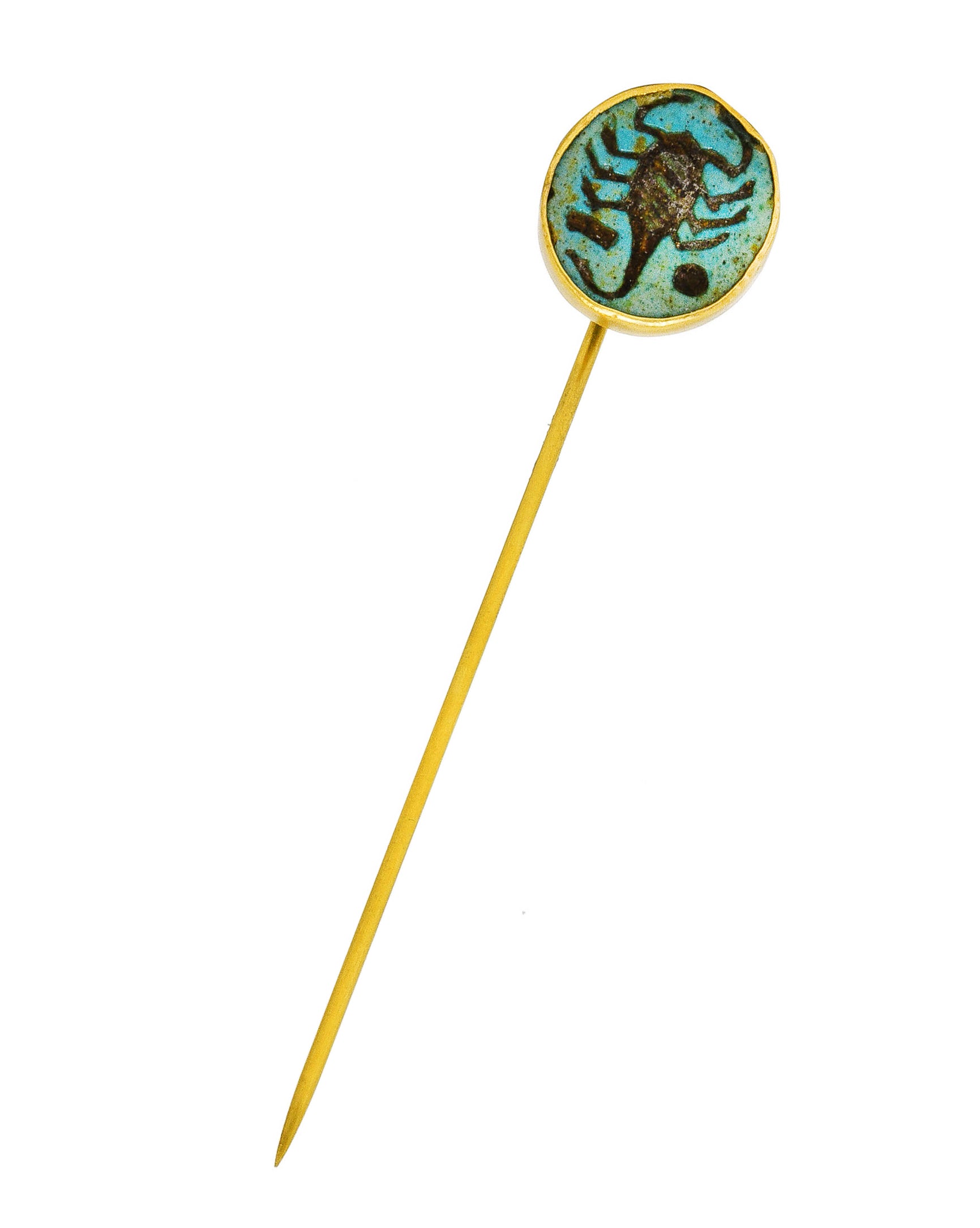 Victorian Egyptian Revival Carved Turquoise 18 Karat Yellow Gold Scorpion Intaglio Antique Stickpin Wilson's Estate Jewelry