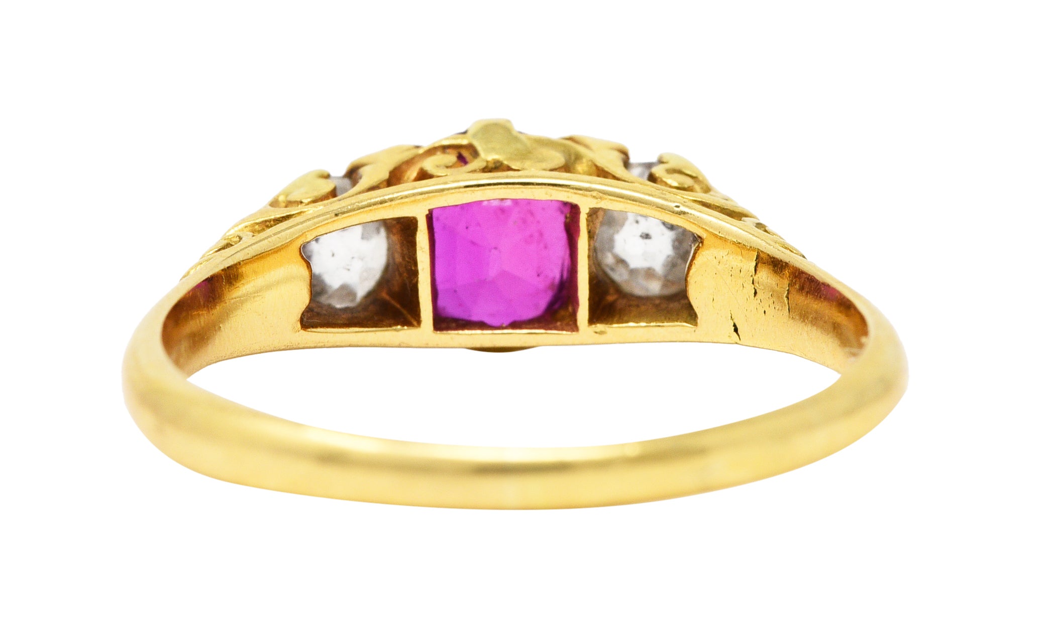 Victorian 1.64 CTW Ruby Old Mine Cut Diamond 18 Karat Yellow Gold Scrolling Three-Stone Antique Ring Wilson's Estate Jewelry