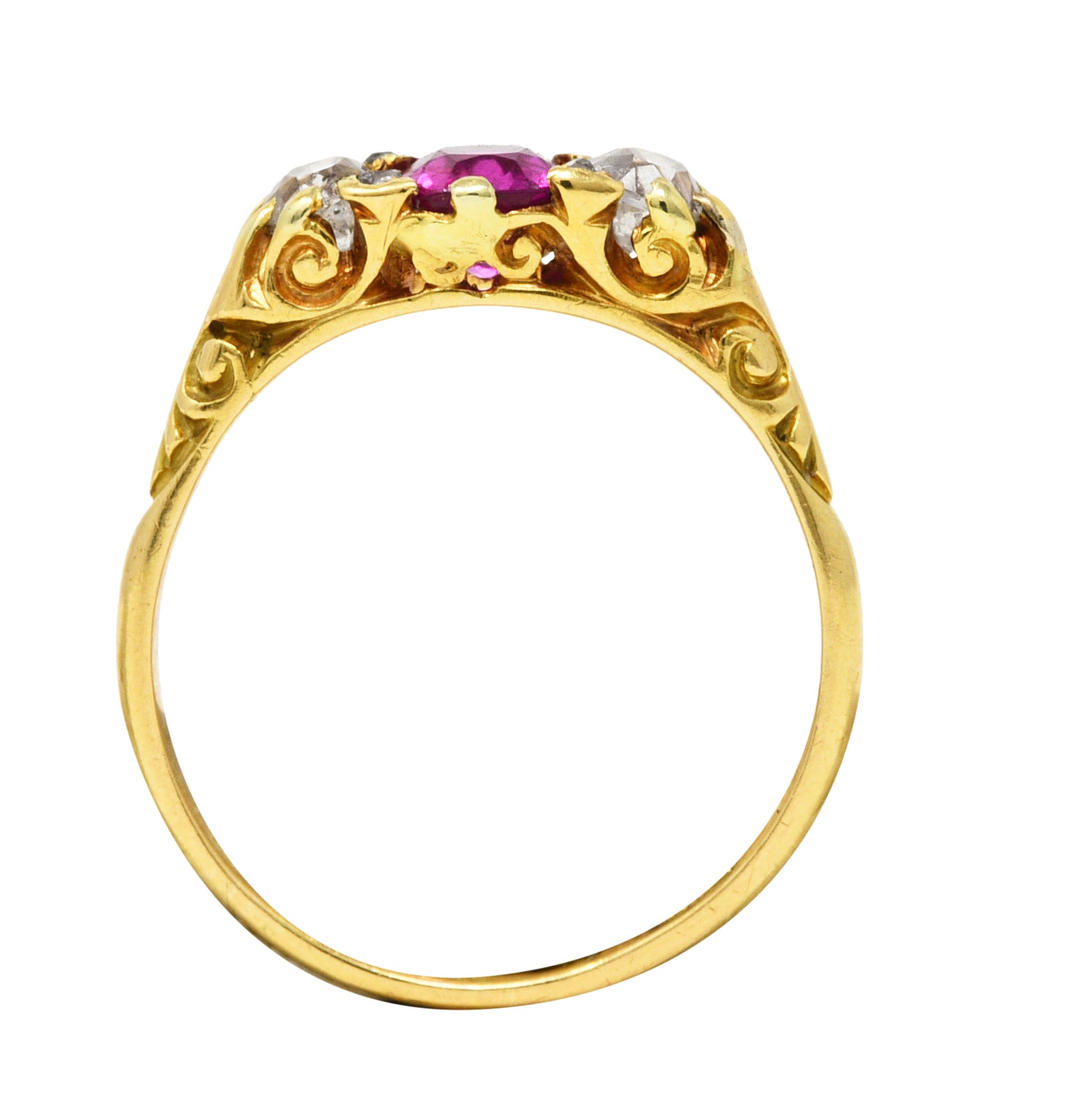 Victorian 1.64 CTW Ruby Old Mine Cut Diamond 18 Karat Yellow Gold Scrolling Three-Stone Antique Ring Wilson's Estate Jewelry