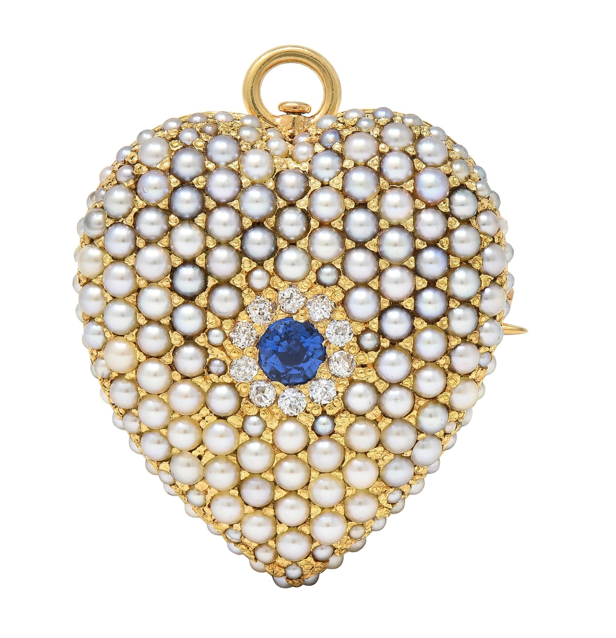 Riker Brothers Victorian Sapphire Diamond 14 Karat Gold Heart Pendant Brooch