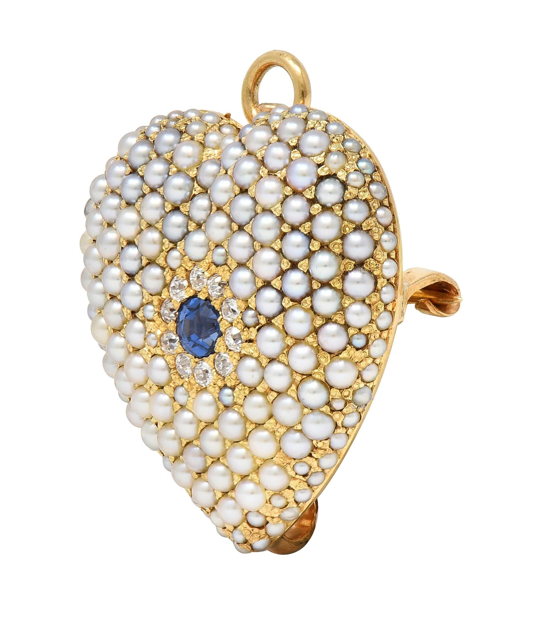 Riker Brothers Victorian Sapphire Diamond 14 Karat Gold Heart Pendant Brooch